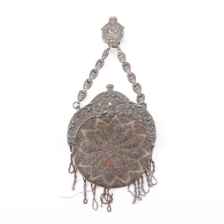 19th Century Steel Cut Beaded Chatelaine Bag with Baroque Style Frame