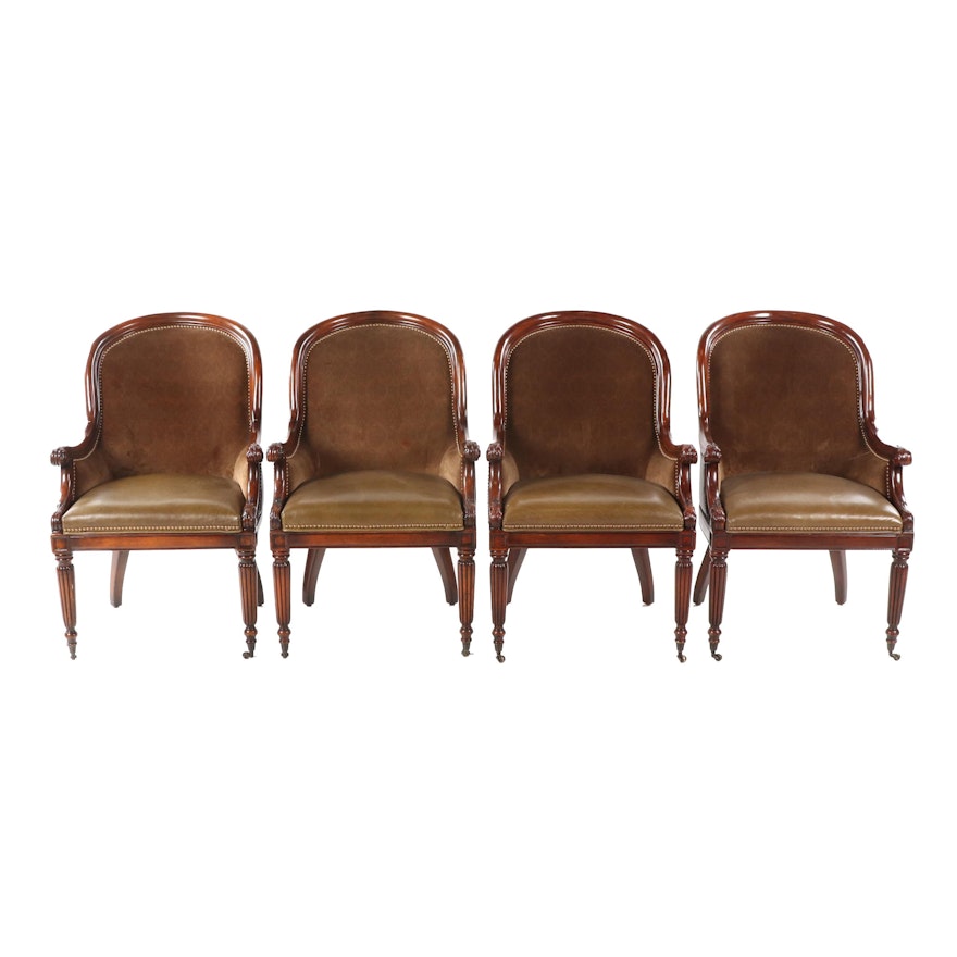 Regency Style Leather and Upholstery Armchairs on Casters, 21st Century