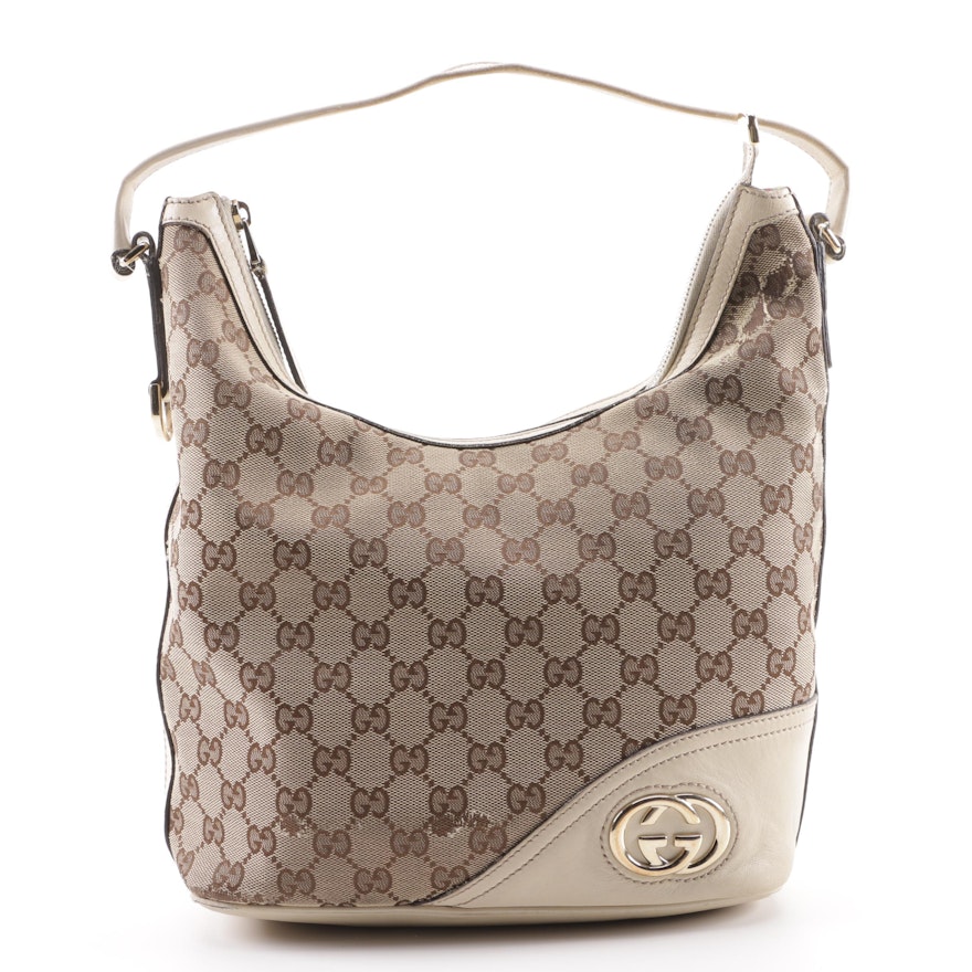 Gucci GG Canvas and Beige Leather Hobo Bag