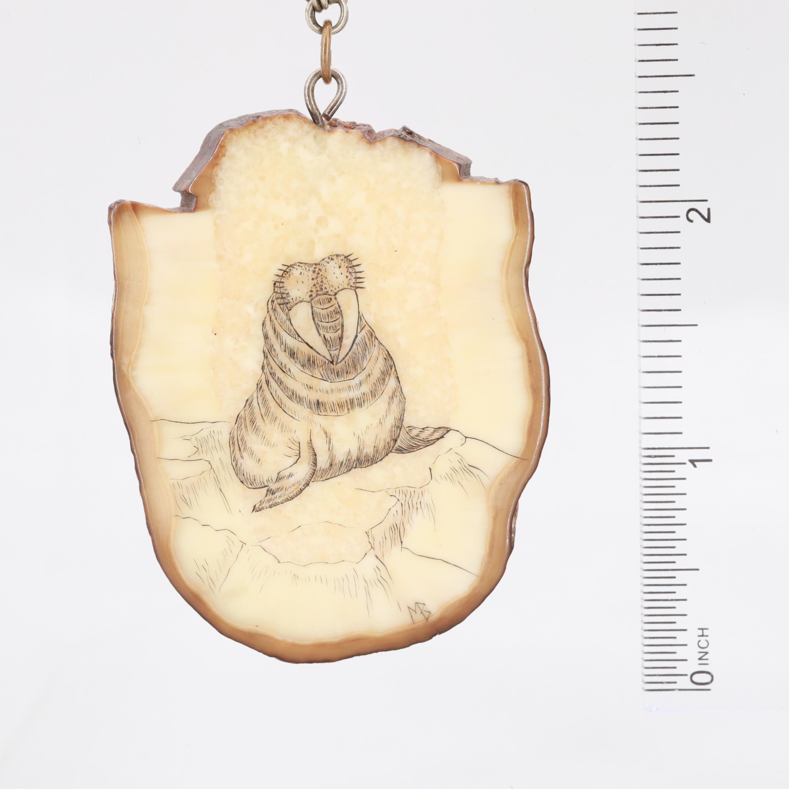 Inuit Sterling Silver and Fossil Walrus Tusk Scrimshaw Pendant Necklace