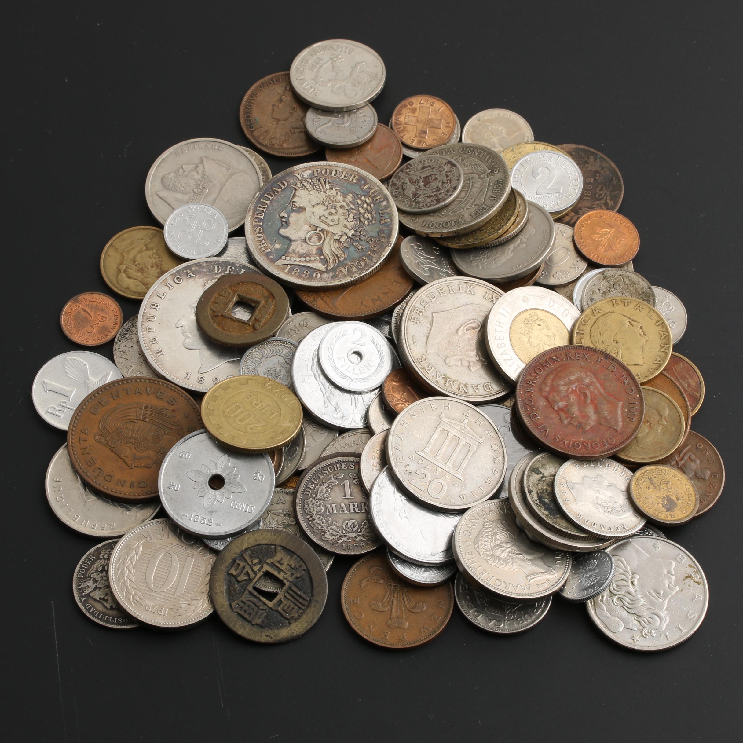 Group of 115 Foreign Coins, Including Old Silver Coins