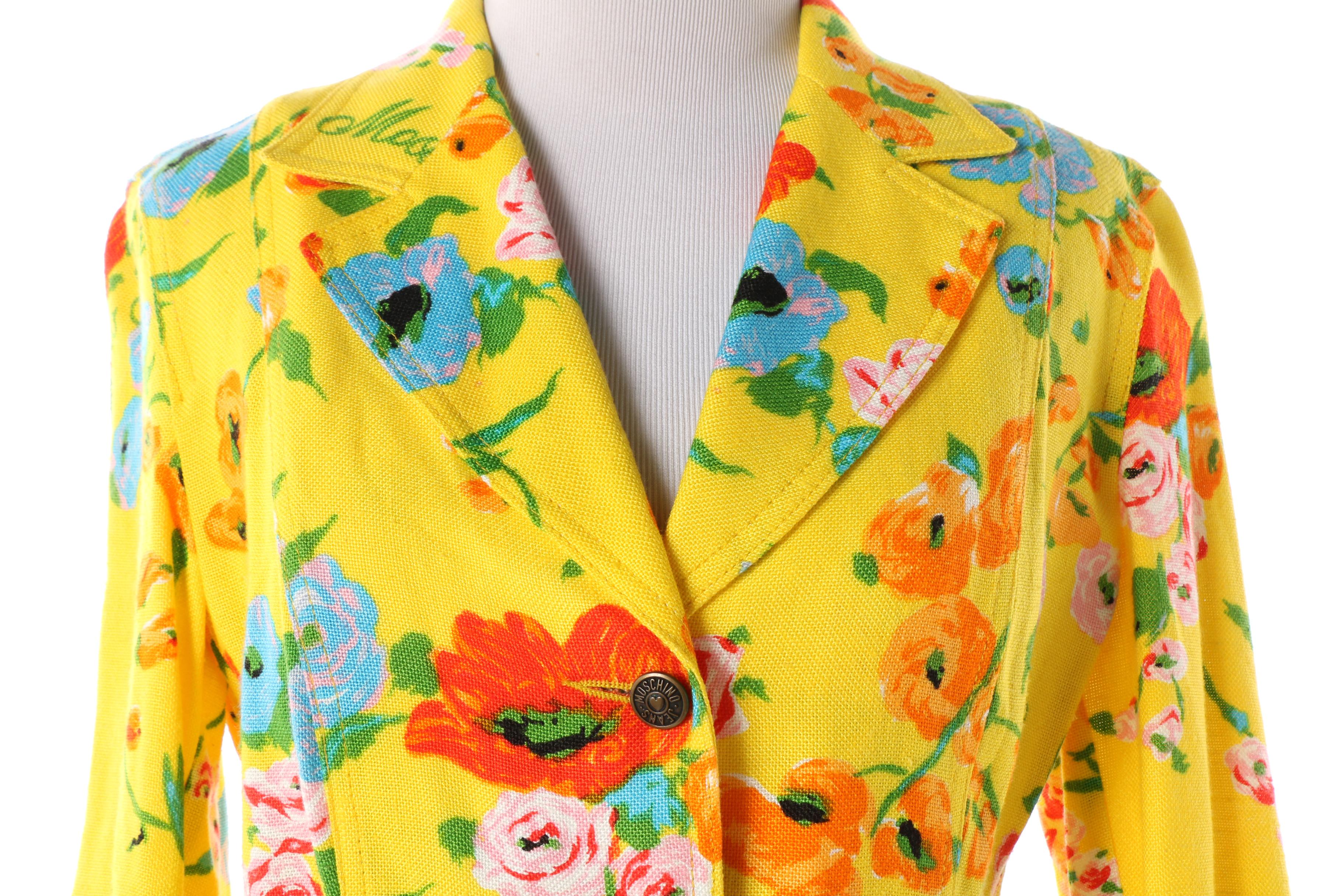 Women's 1980s Vintage Moschino Jeans Yellow Floral Rayon Blend Fitted Jacket
