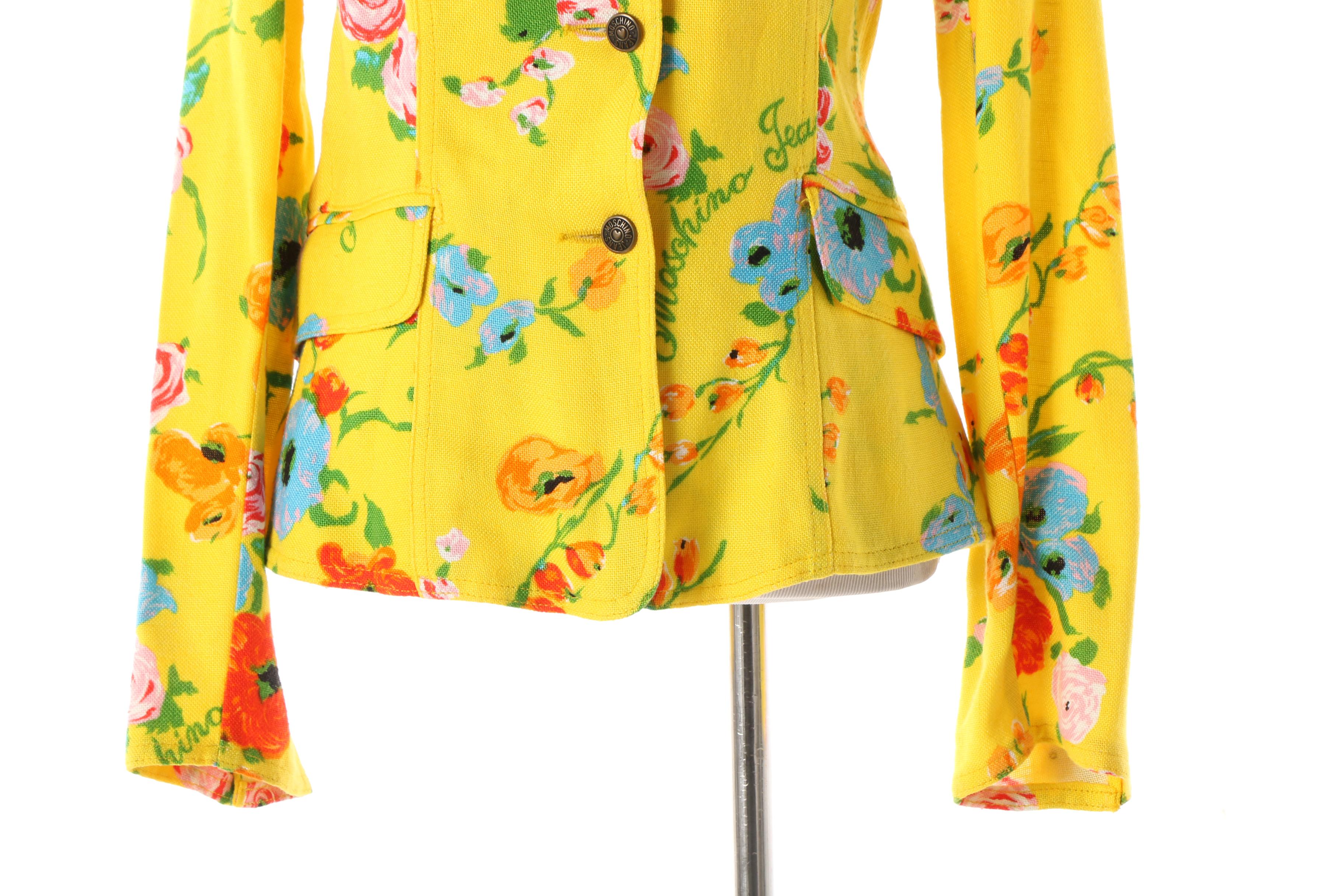 Women's 1980s Vintage Moschino Jeans Yellow Floral Rayon Blend Fitted Jacket