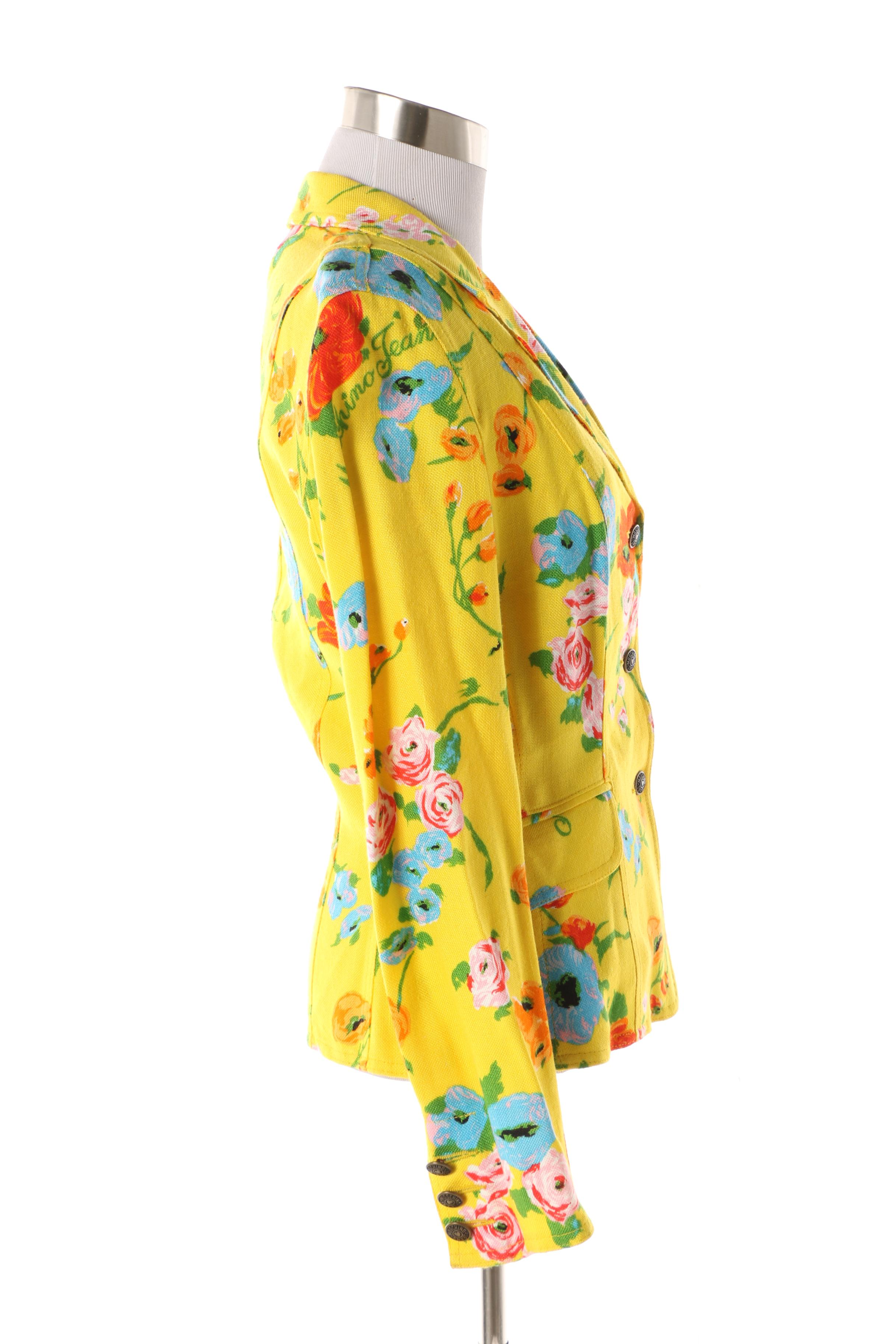 Women's 1980s Vintage Moschino Jeans Yellow Floral Rayon Blend Fitted Jacket