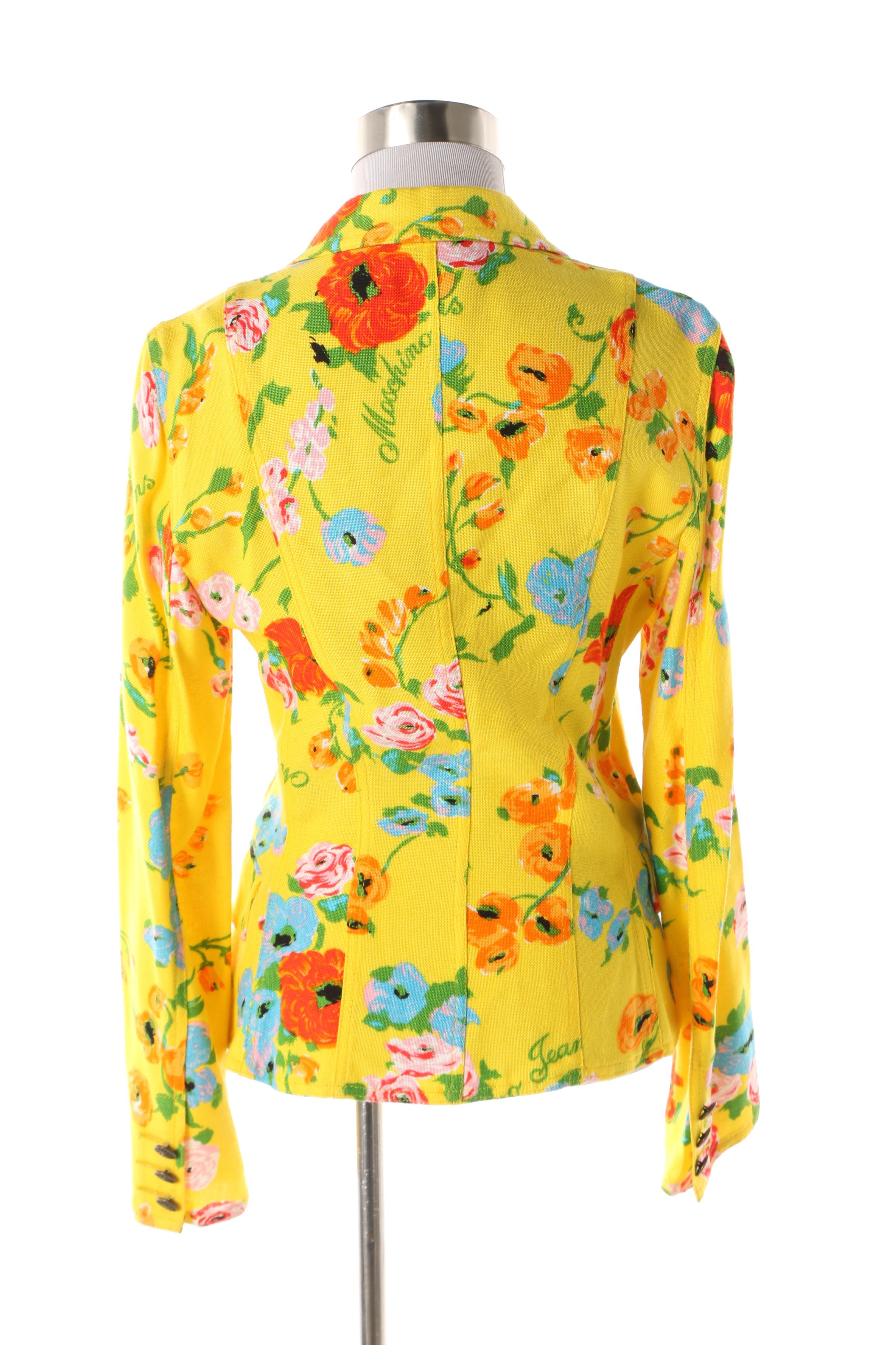 Women's 1980s Vintage Moschino Jeans Yellow Floral Rayon Blend Fitted Jacket