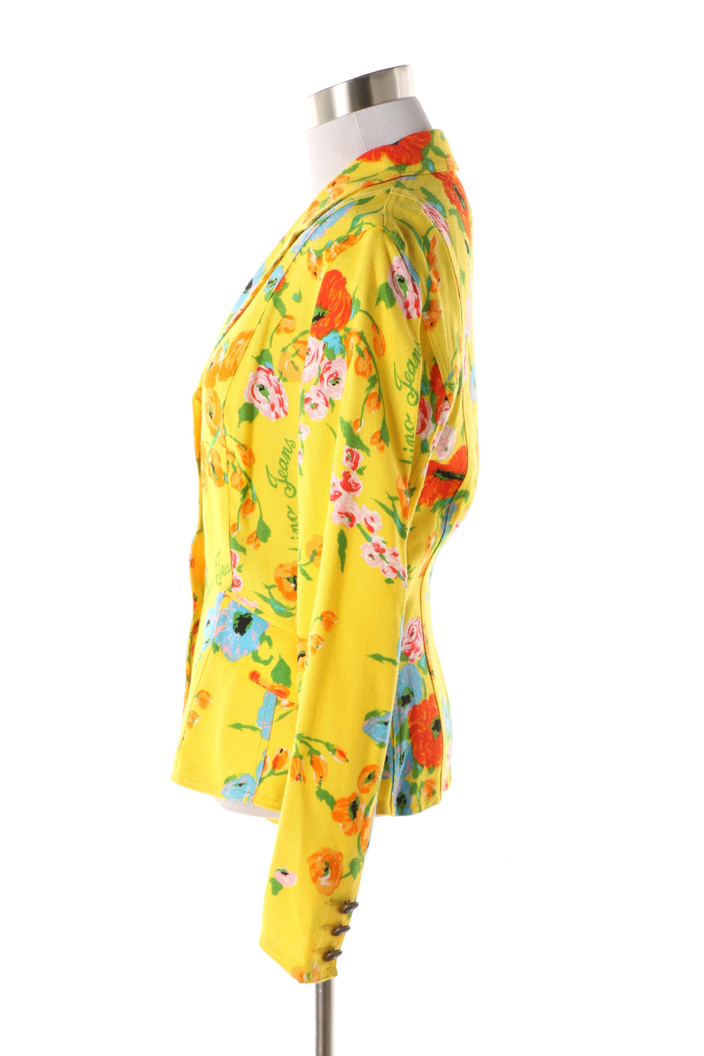 Women's 1980s Vintage Moschino Jeans Yellow Floral Rayon Blend Fitted Jacket