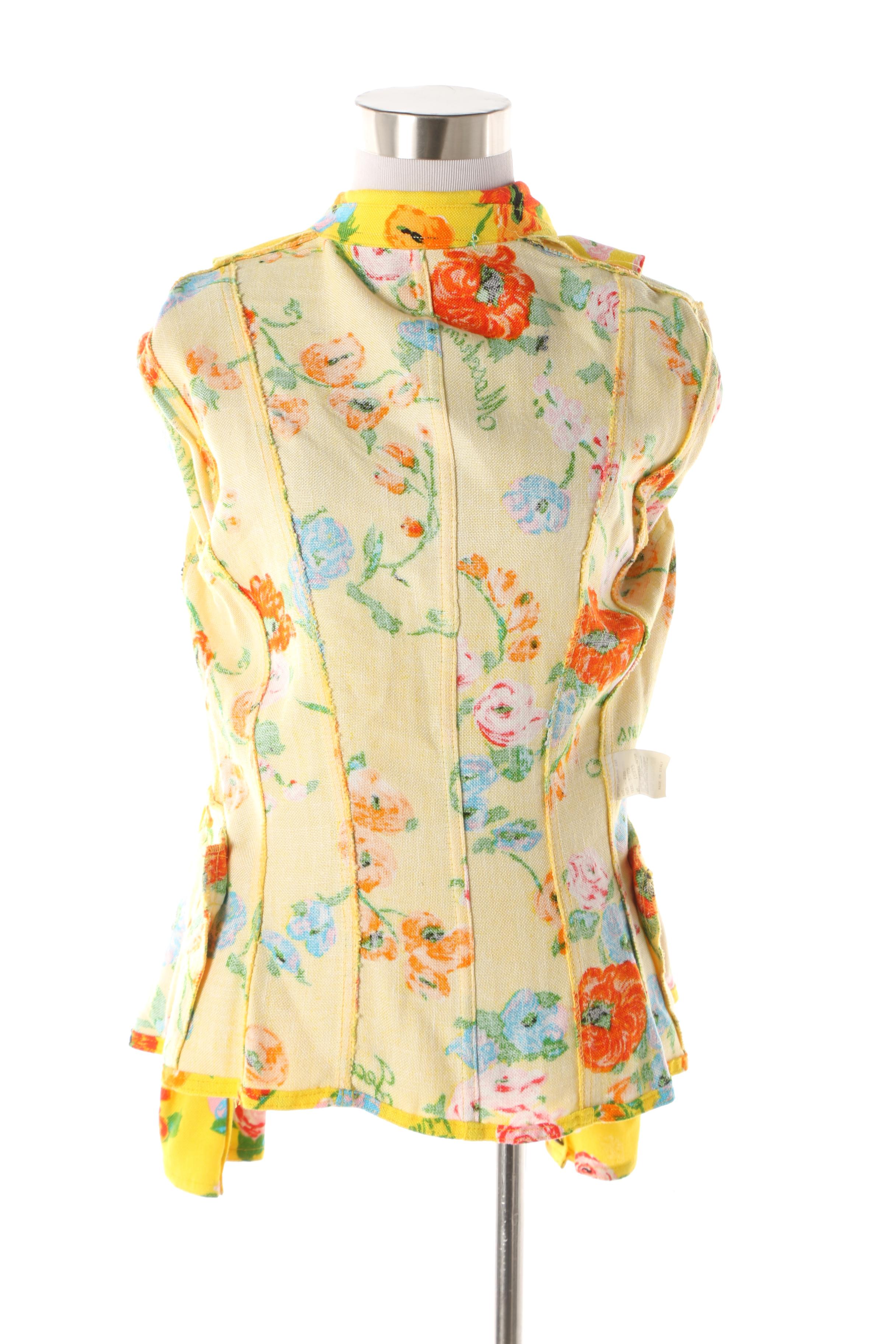 Women's 1980s Vintage Moschino Jeans Yellow Floral Rayon Blend Fitted Jacket