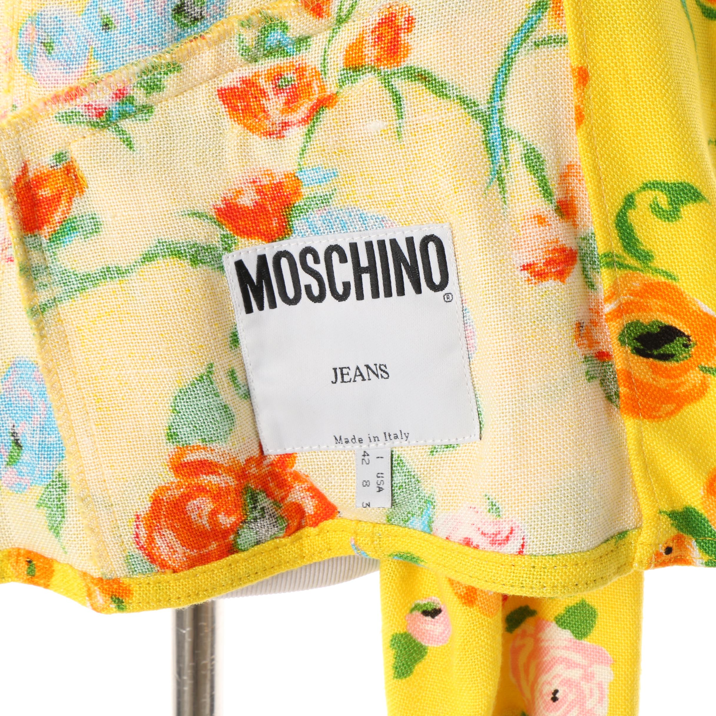 Women's 1980s Vintage Moschino Jeans Yellow Floral Rayon Blend Fitted Jacket