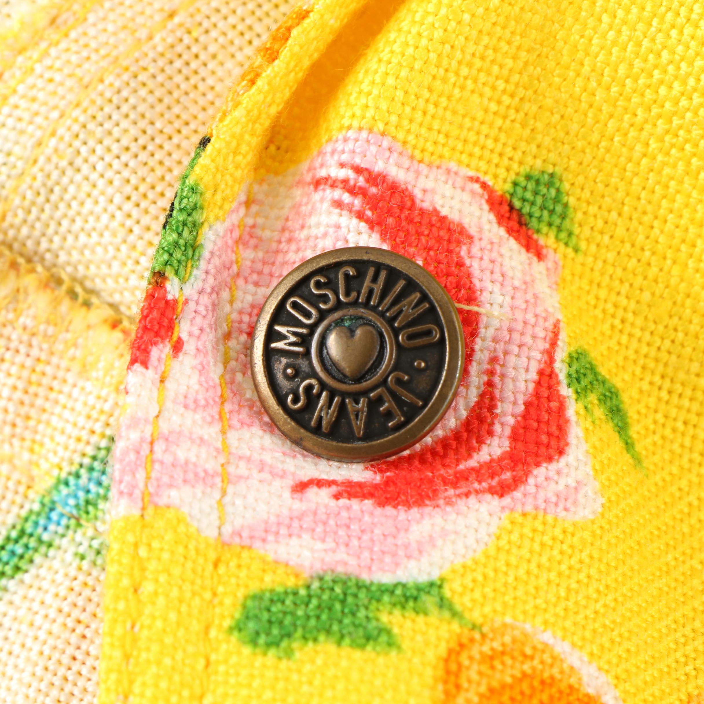 Women's 1980s Vintage Moschino Jeans Yellow Floral Rayon Blend Fitted Jacket