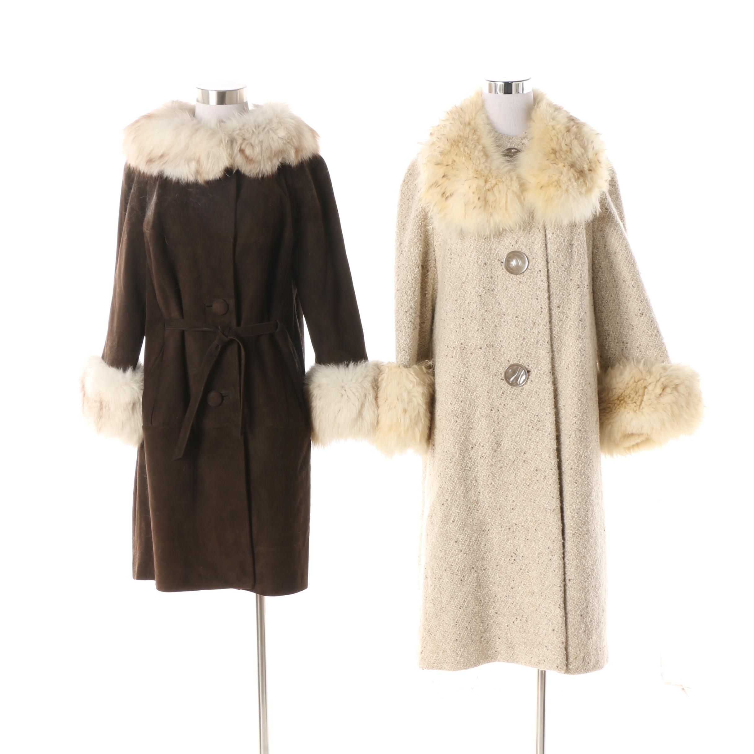 Women's Vintage Suede and Wool Dress Coats with Fox Fur Trim