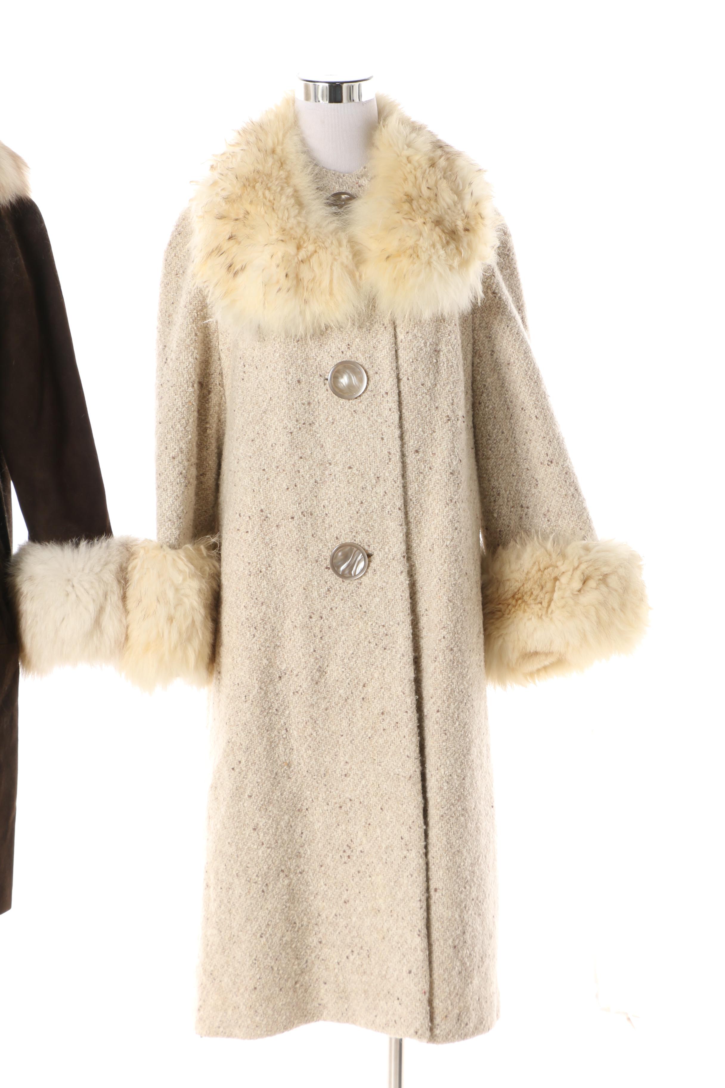 Women's Vintage Suede and Wool Dress Coats with Fox Fur Trim