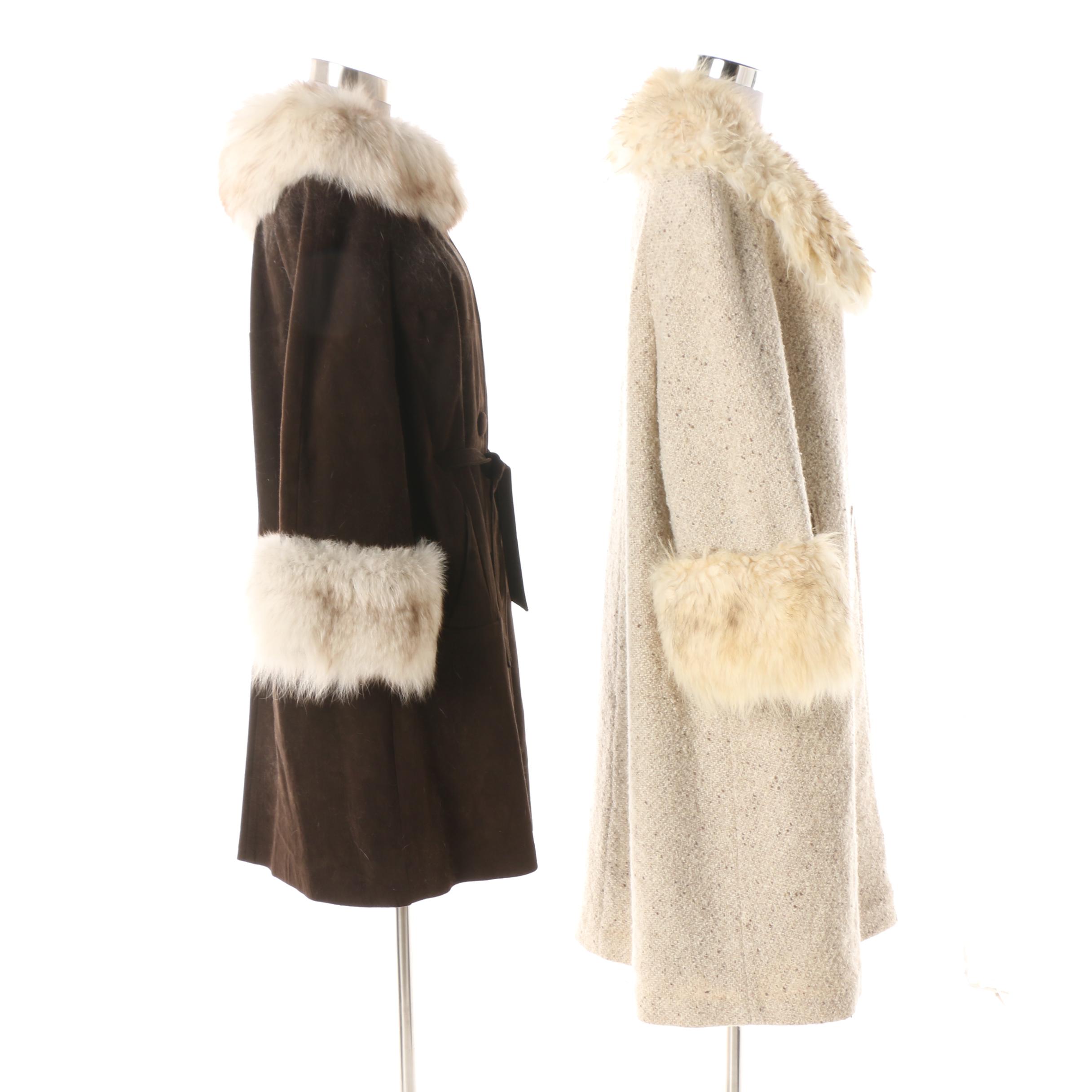 Women's Vintage Suede and Wool Dress Coats with Fox Fur Trim