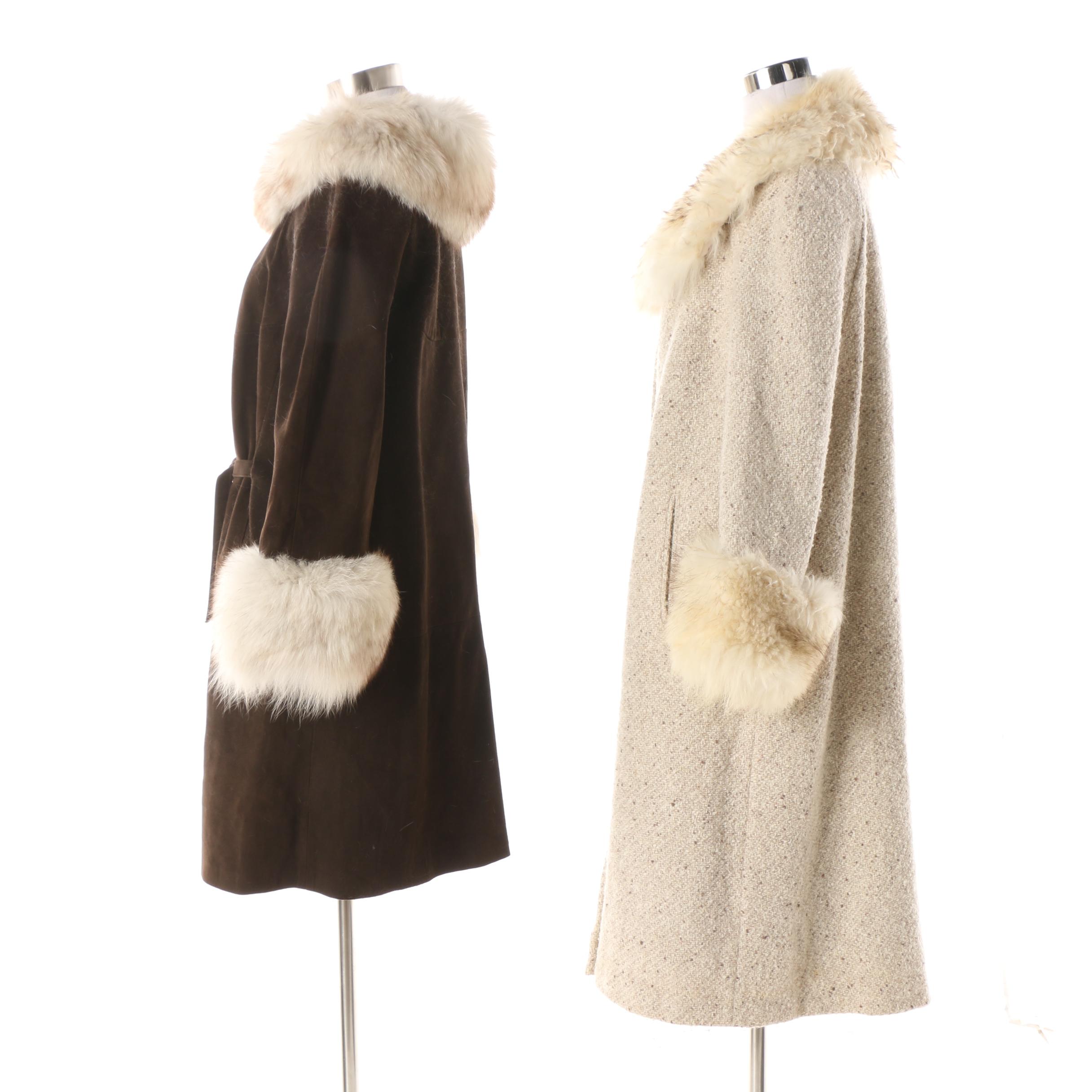 Women's Vintage Suede and Wool Dress Coats with Fox Fur Trim