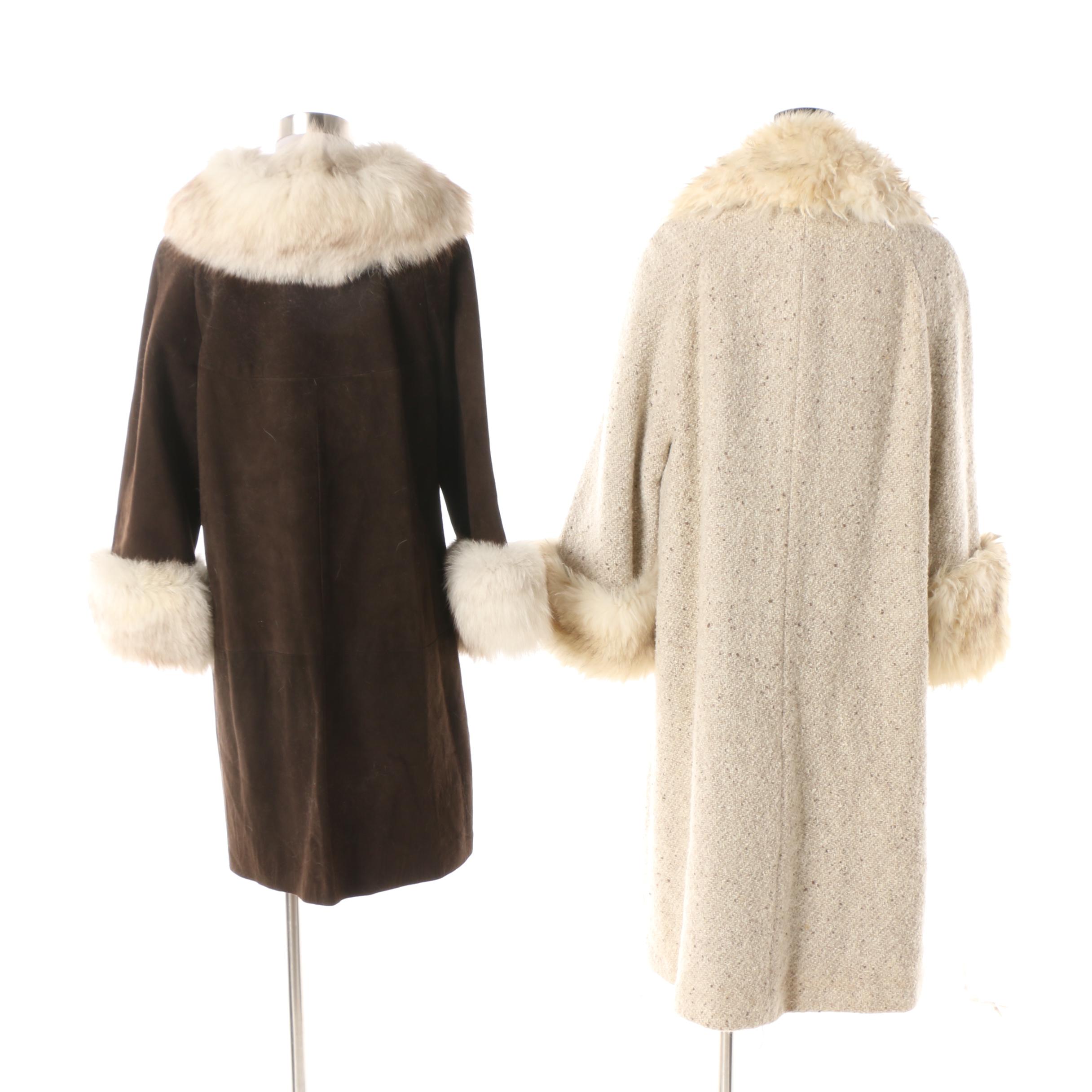 Women's Vintage Suede and Wool Dress Coats with Fox Fur Trim