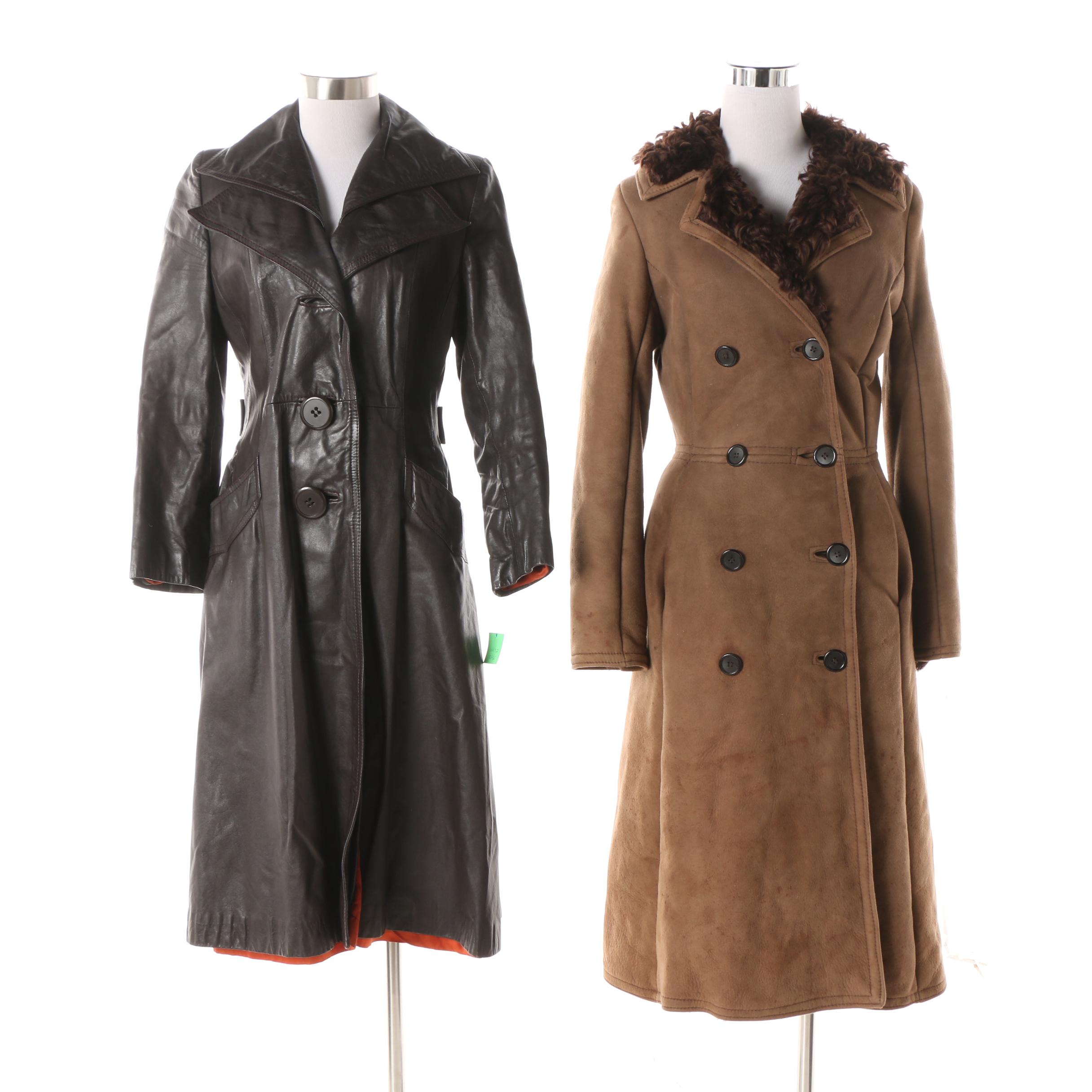 Circa 1970s Double-Breasted Sheepskin Fur Lined Coat and Black Leather Trench