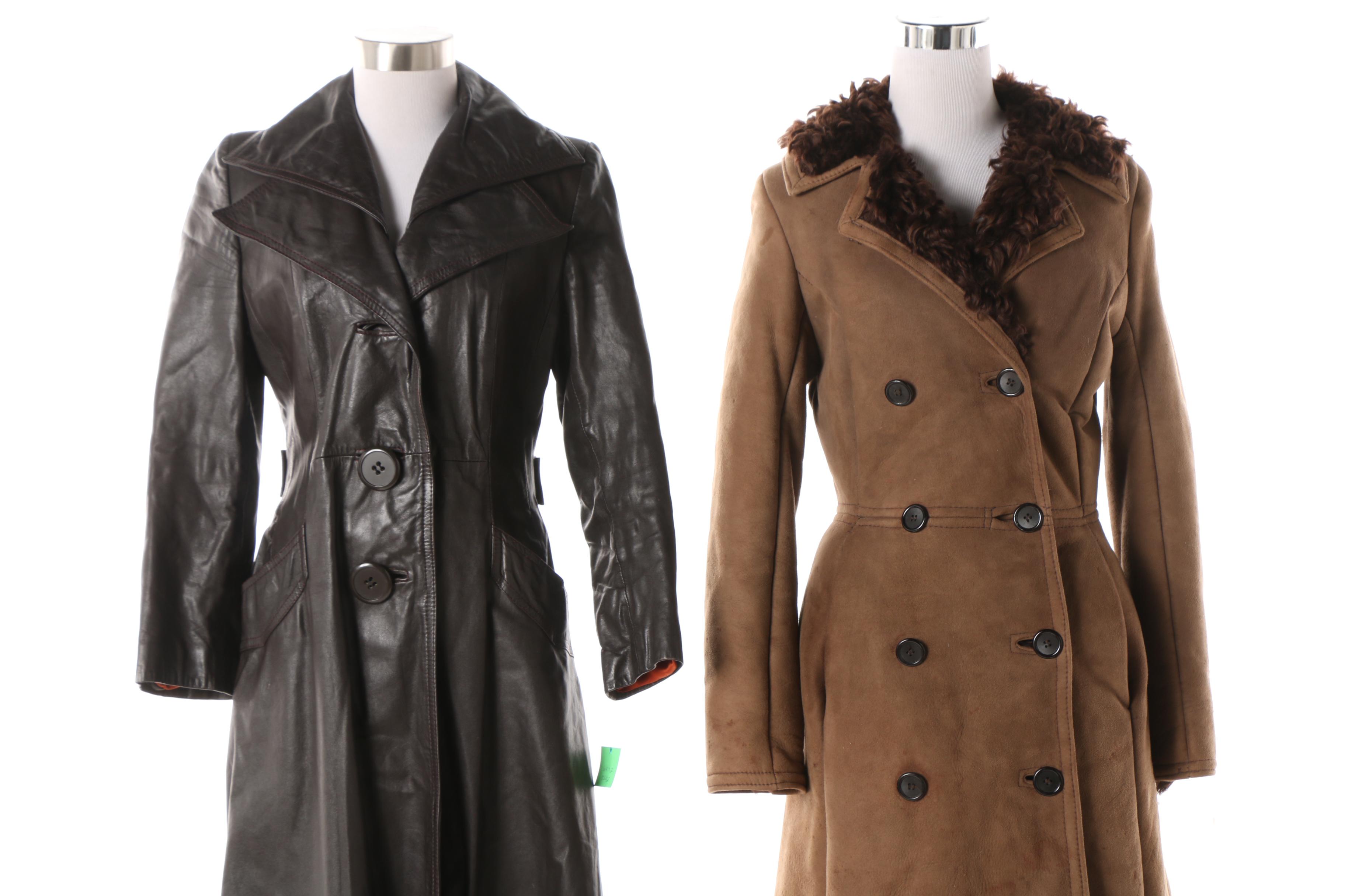 Circa 1970s Double-Breasted Sheepskin Fur Lined Coat and Black Leather Trench