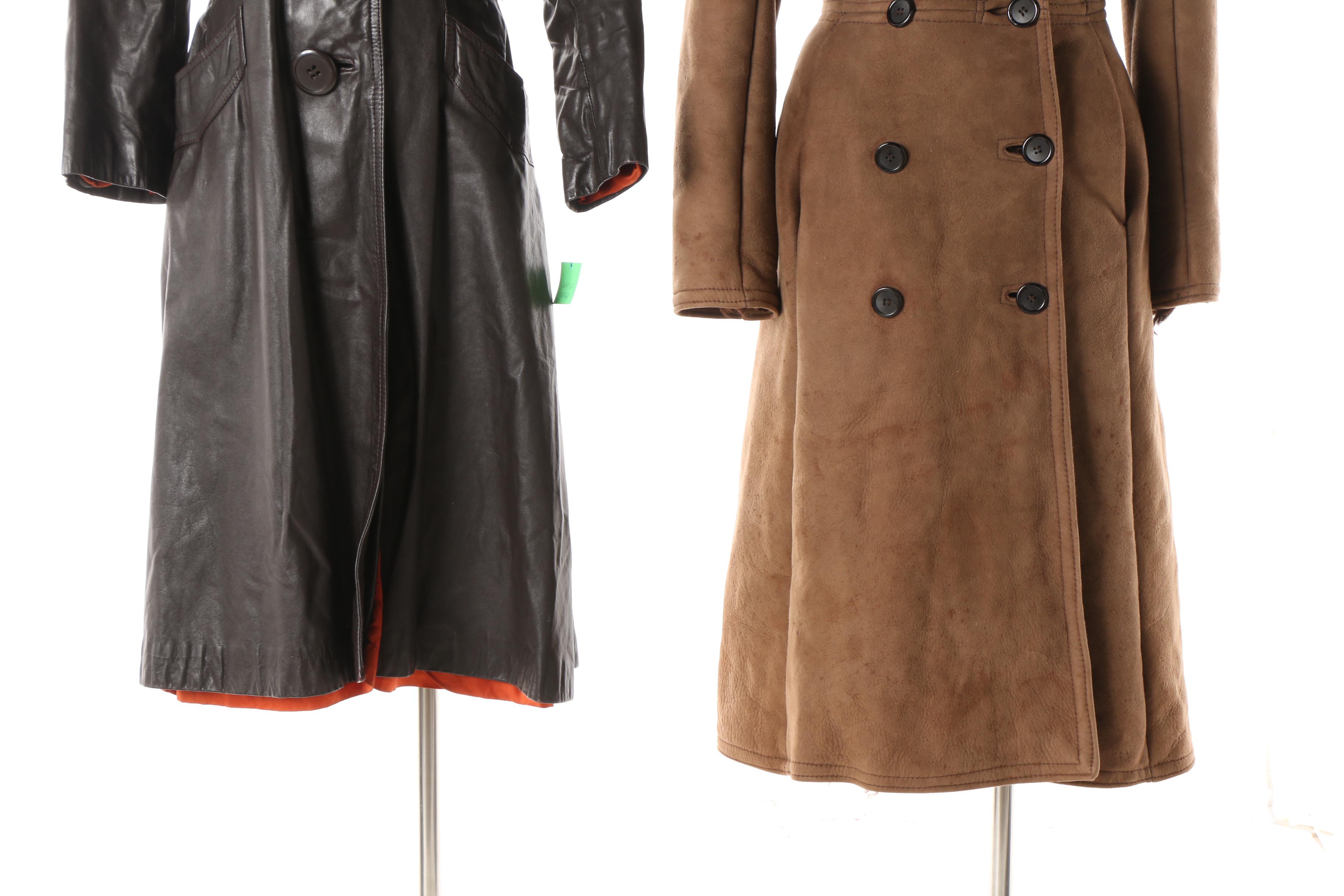 Circa 1970s Double-Breasted Sheepskin Fur Lined Coat and Black Leather Trench