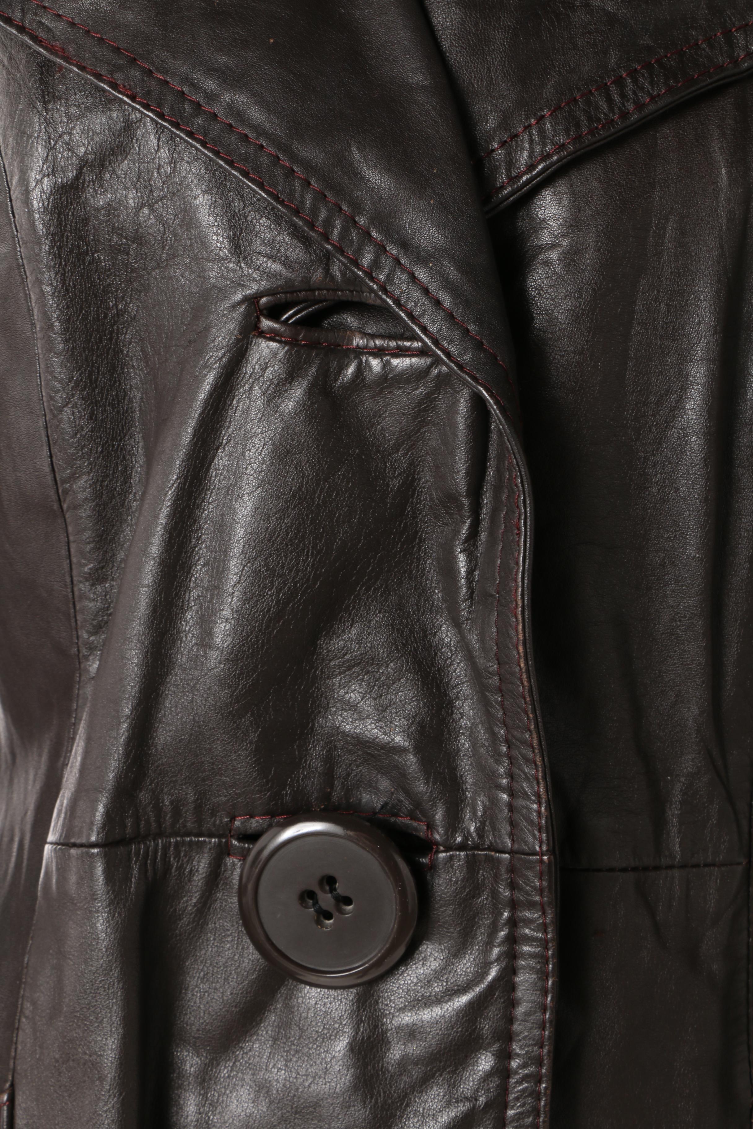 Circa 1970s Double-Breasted Sheepskin Fur Lined Coat and Black Leather Trench
