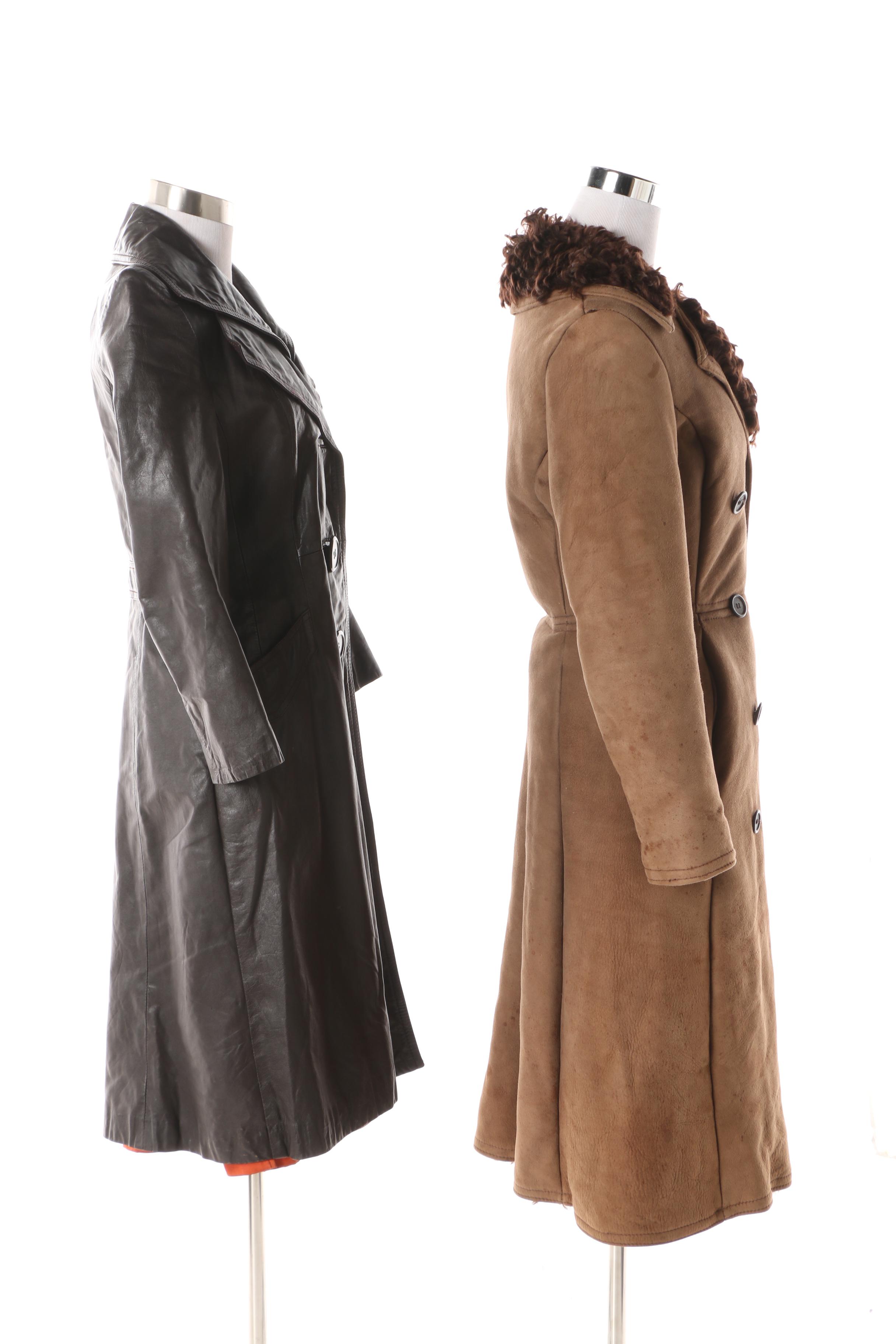 Circa 1970s Double-Breasted Sheepskin Fur Lined Coat and Black Leather Trench