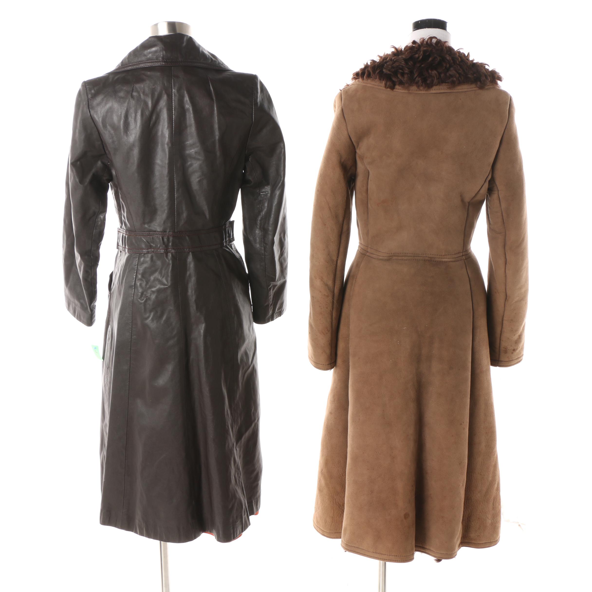 Circa 1970s Double-Breasted Sheepskin Fur Lined Coat and Black Leather Trench