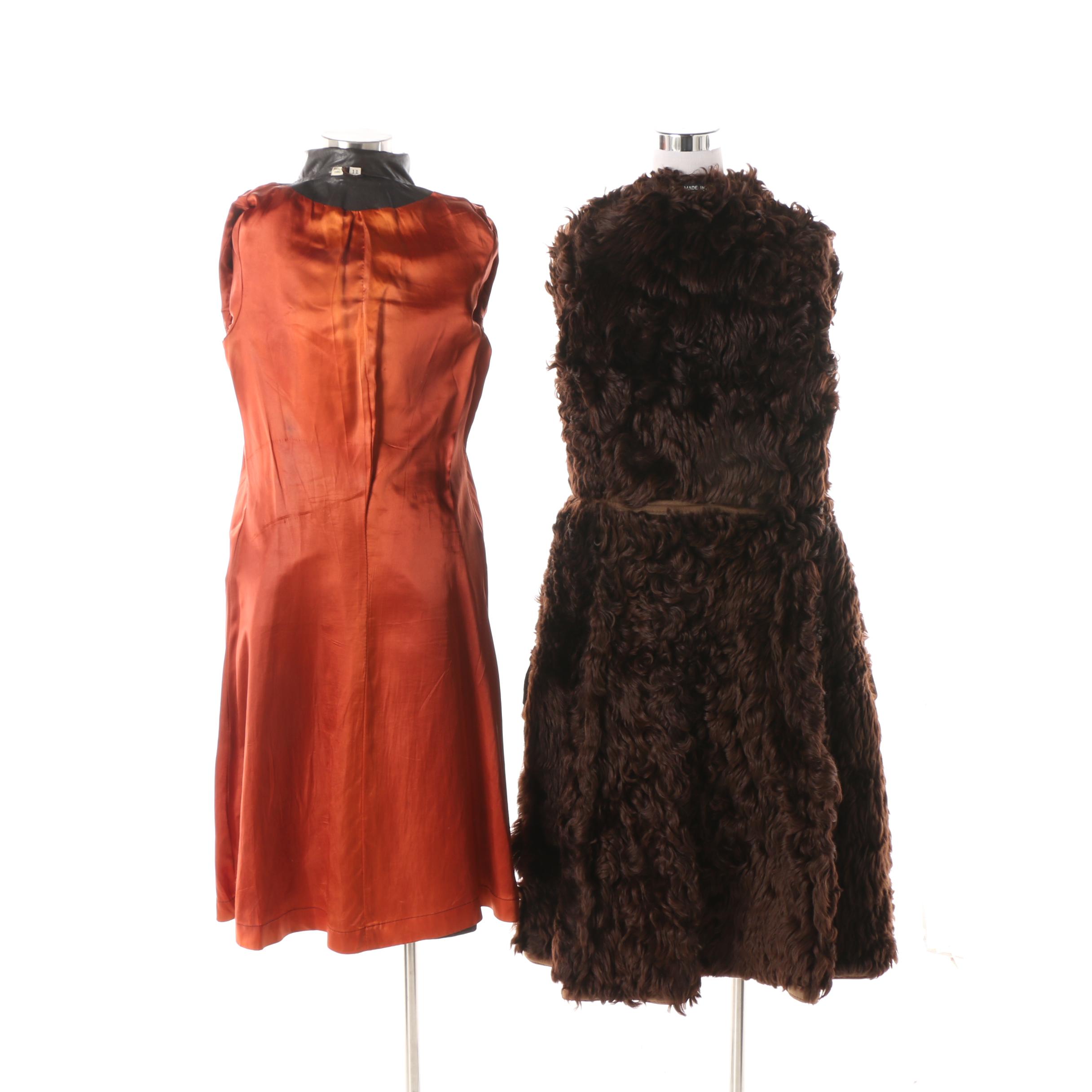 Circa 1970s Double-Breasted Sheepskin Fur Lined Coat and Black Leather Trench