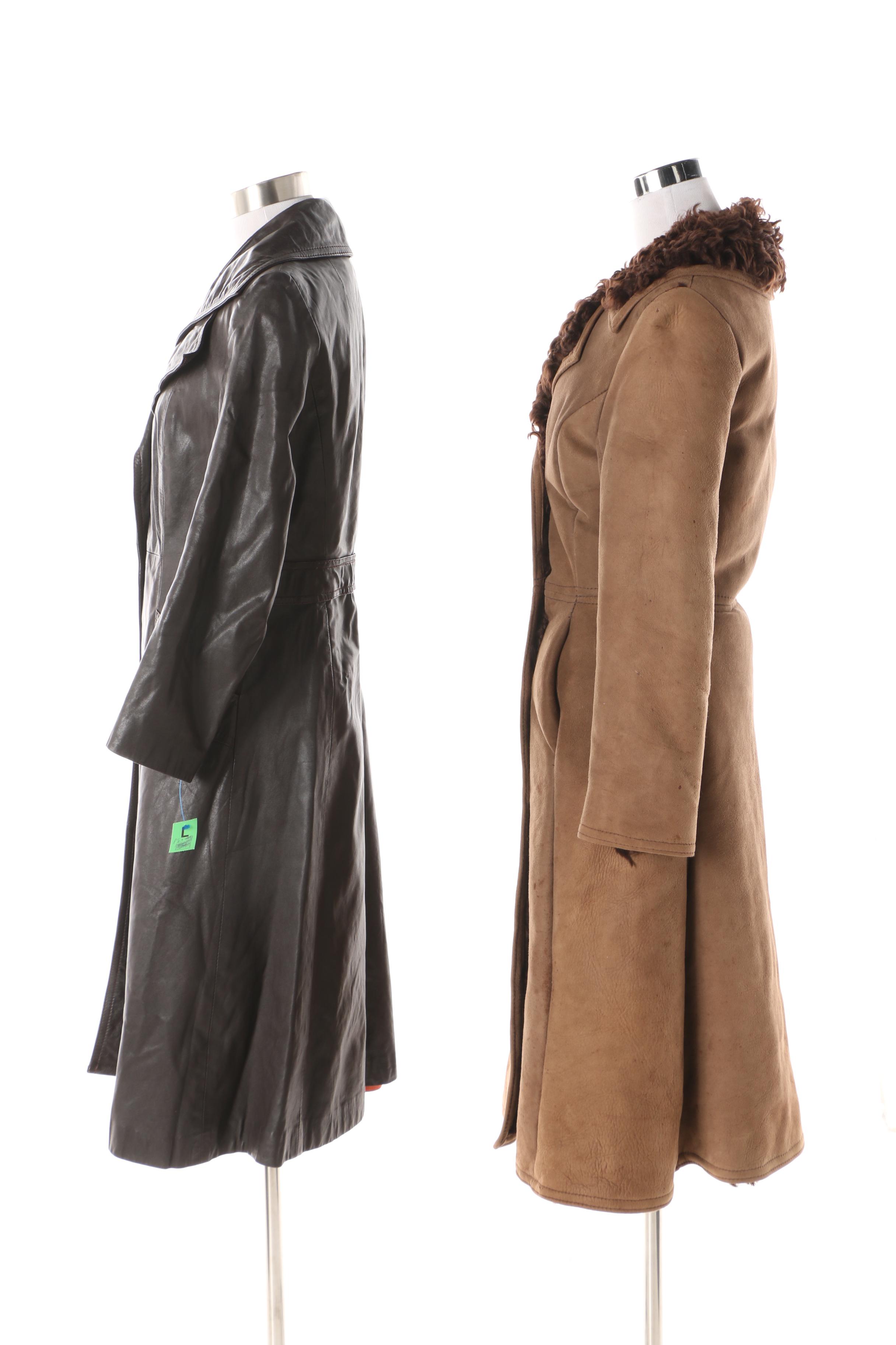 Circa 1970s Double-Breasted Sheepskin Fur Lined Coat and Black Leather Trench