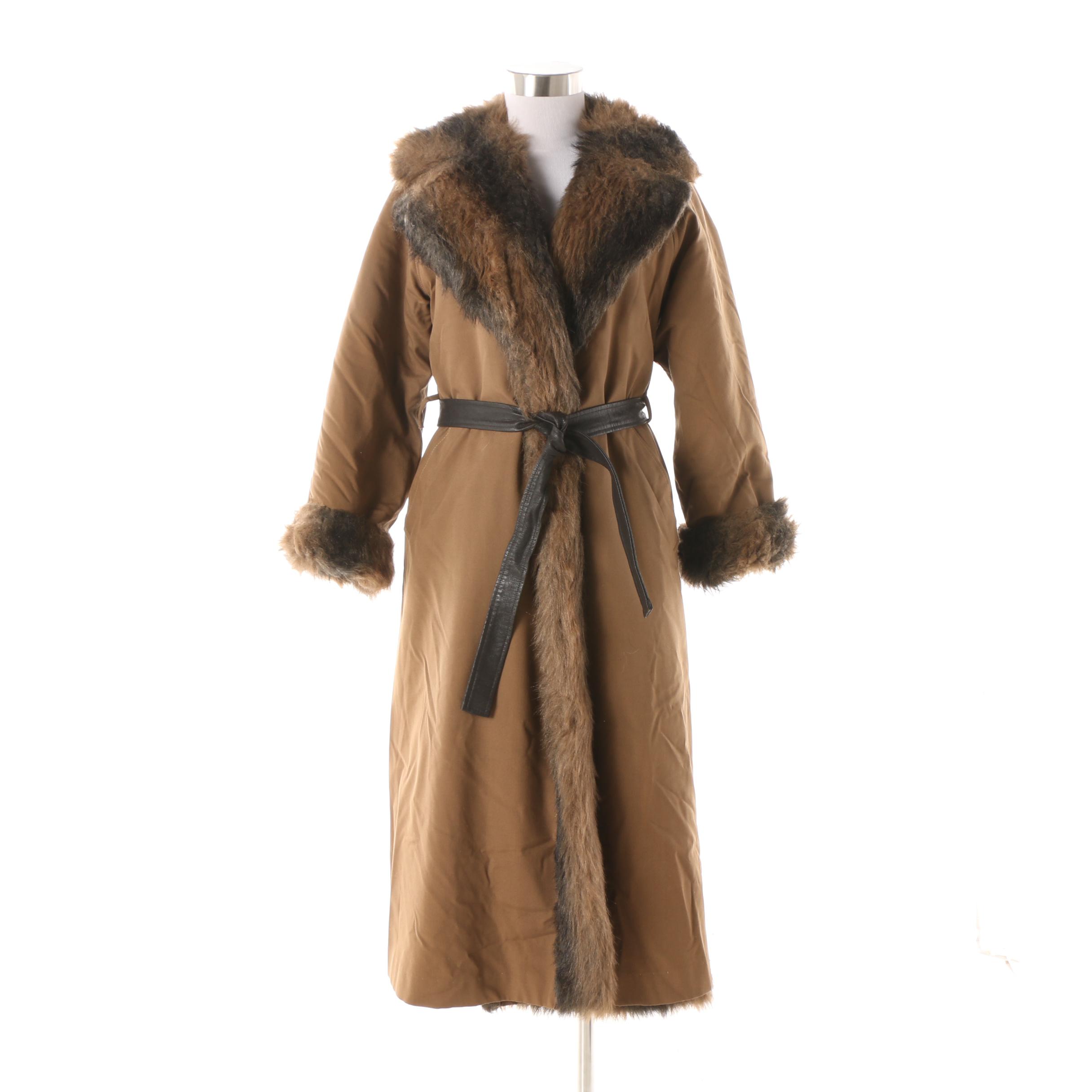 1970s Bonnie Cashin Canvas Wrap Coat with Faux Fur Lining and Leather Belt
