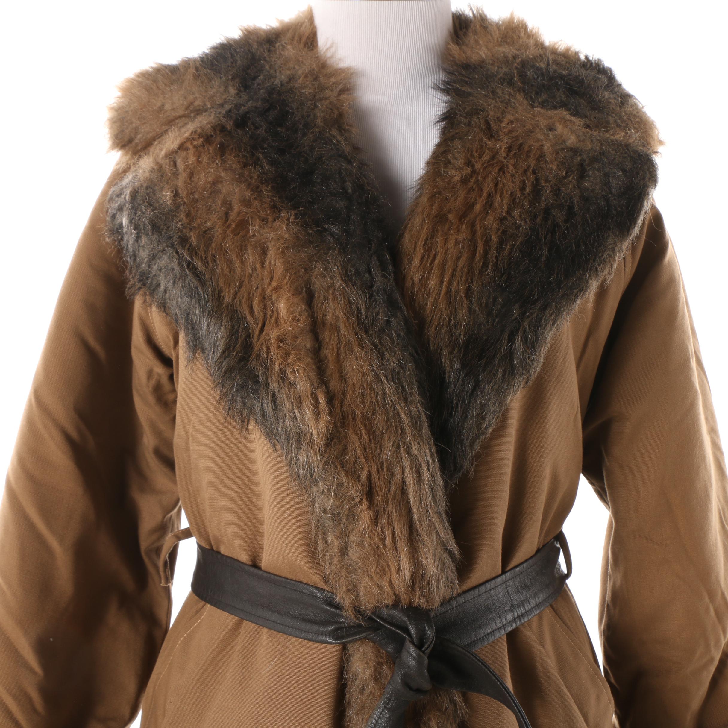 1970s Bonnie Cashin Canvas Wrap Coat with Faux Fur Lining and Leather Belt