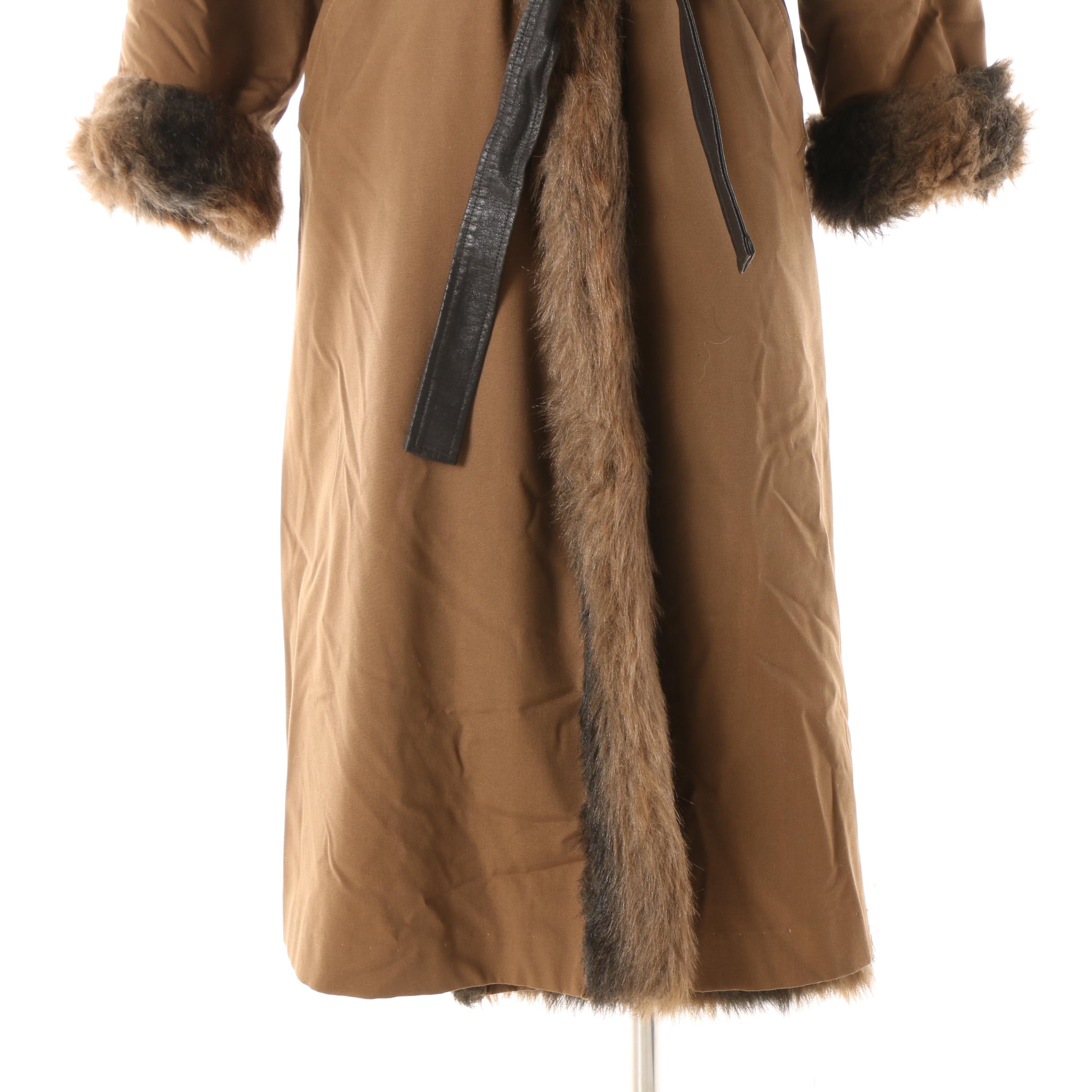1970s Bonnie Cashin Canvas Wrap Coat with Faux Fur Lining and Leather Belt