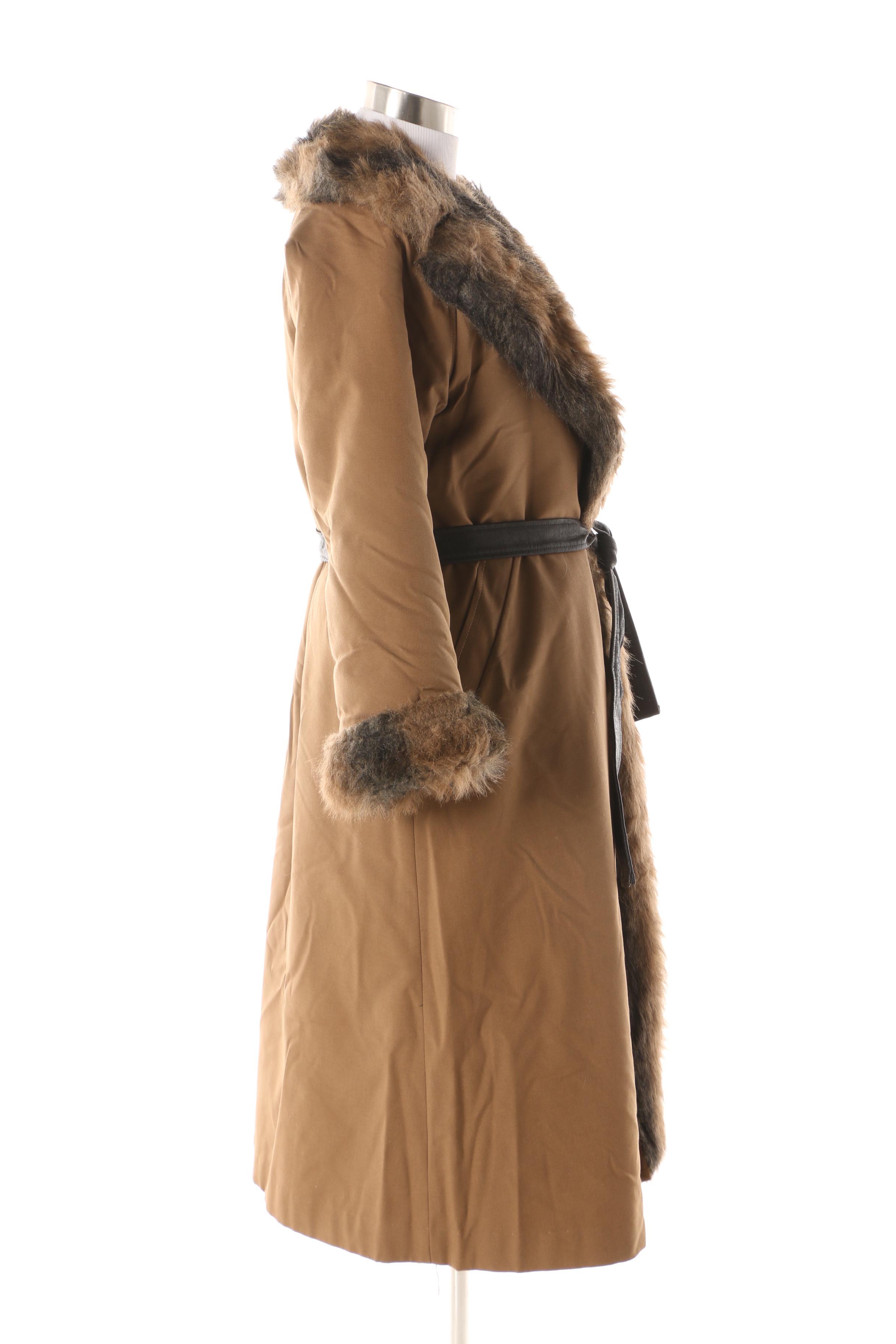 1970s Bonnie Cashin Canvas Wrap Coat with Faux Fur Lining and Leather Belt