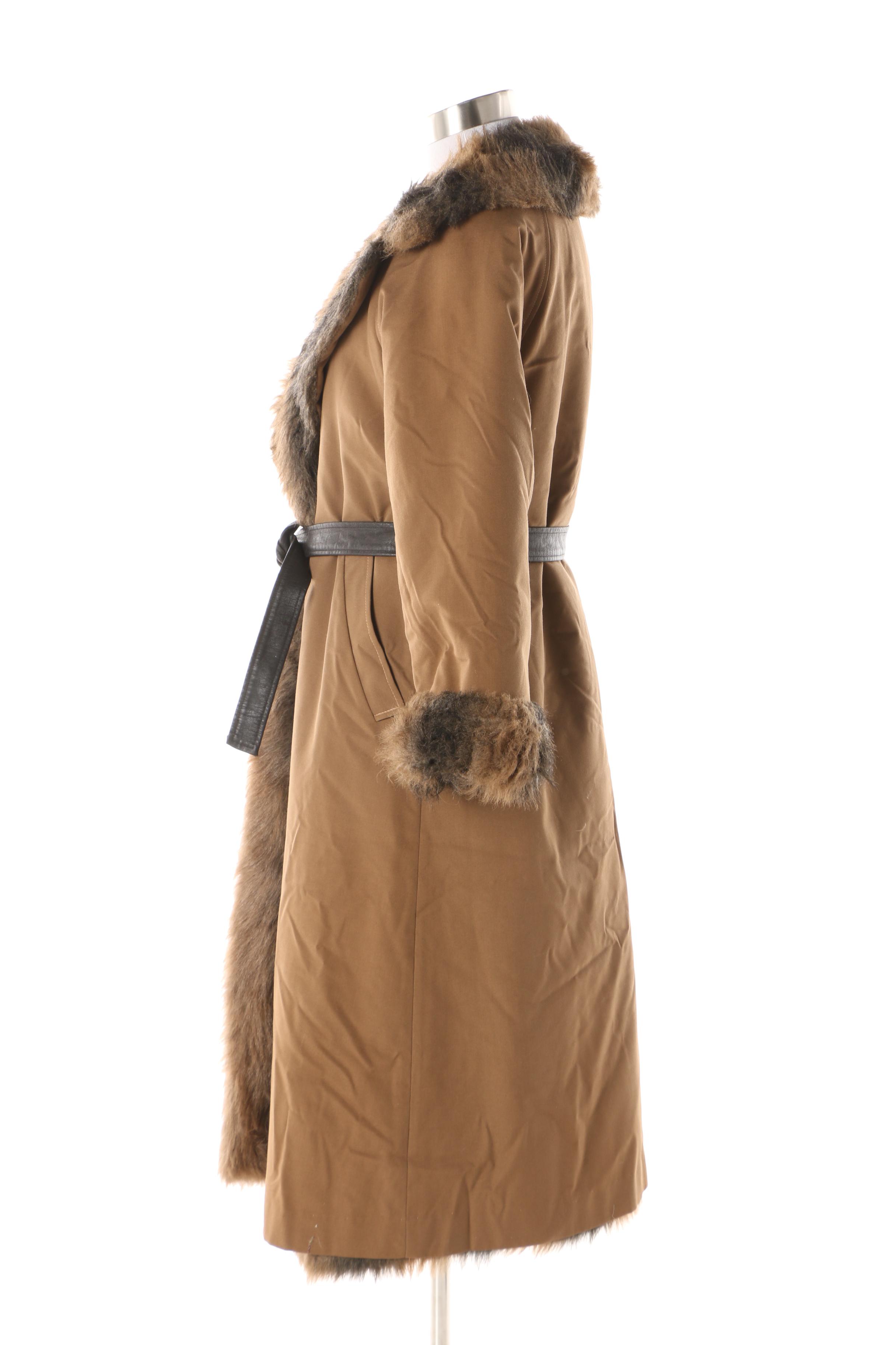 1970s Bonnie Cashin Canvas Wrap Coat with Faux Fur Lining and Leather Belt