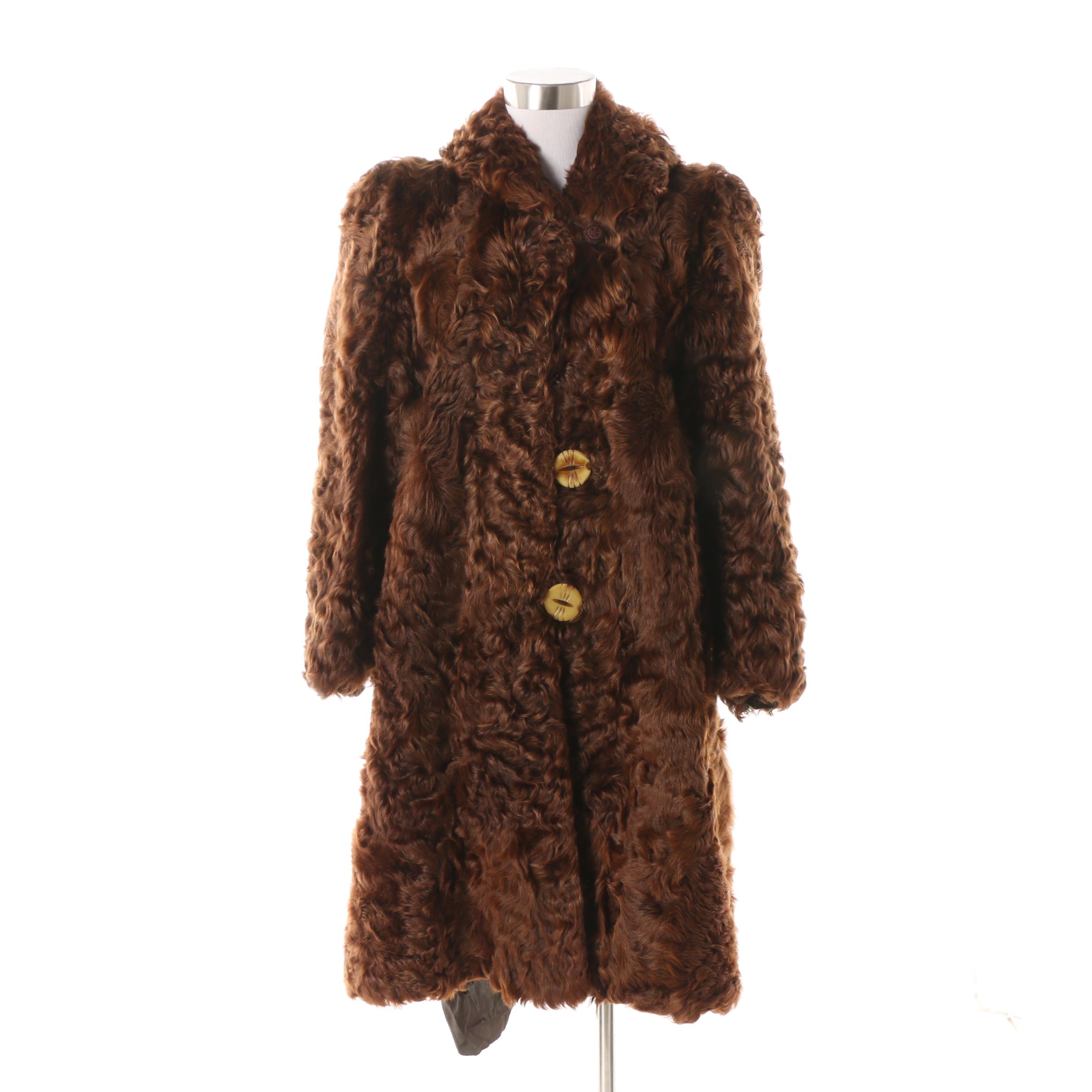 Women's 1940s Vintage A.F. Schwalbe Brown Shearling Coat with Resin Buttons