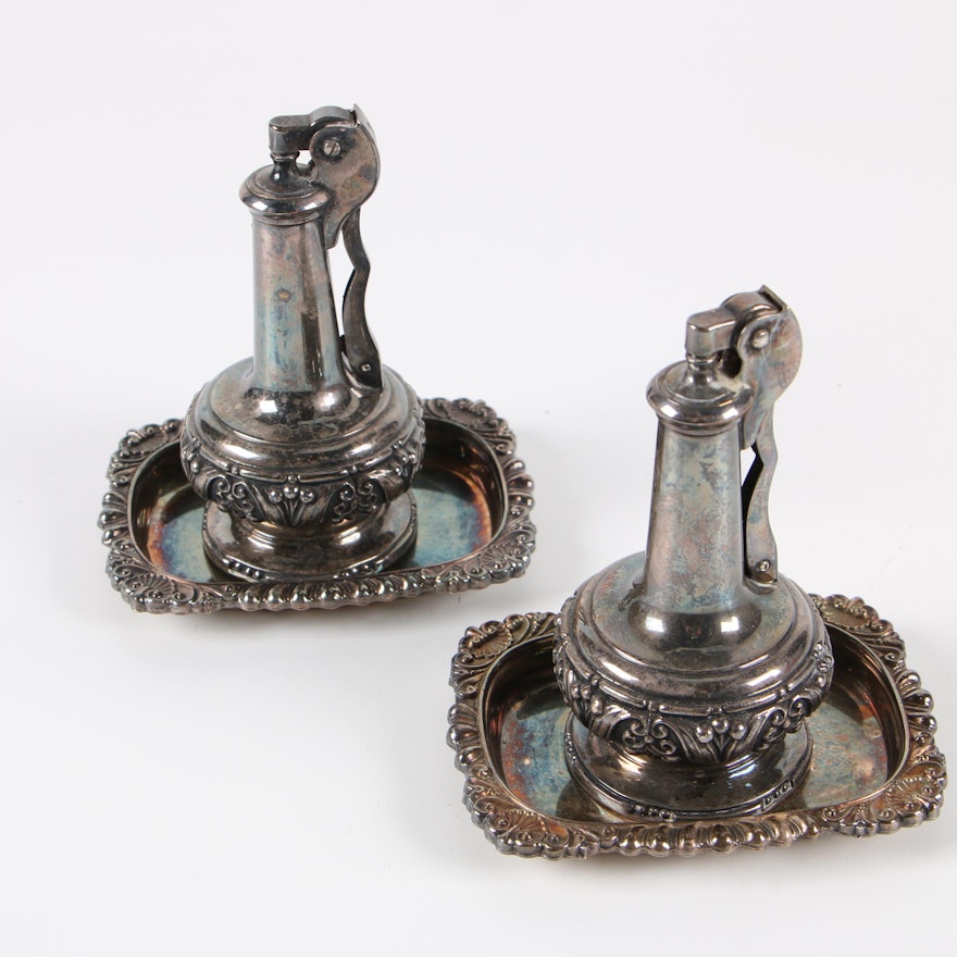 Ronson "Decanter" Silver Plate Table Lighters with Trays, Mid-Century