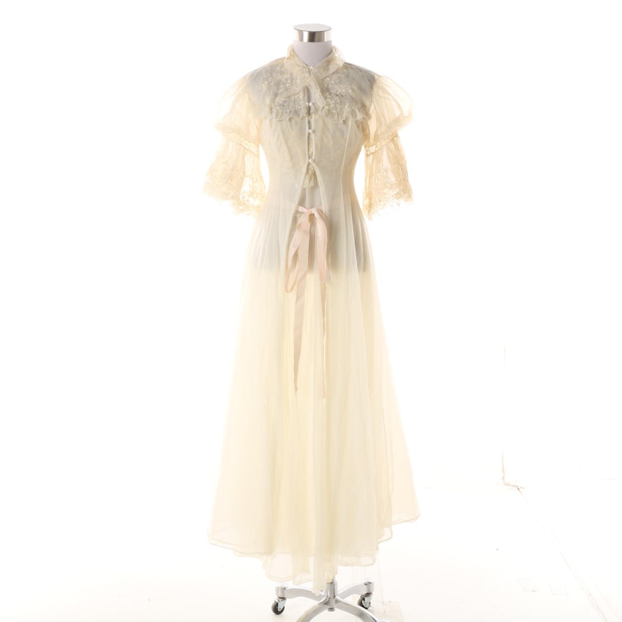 Women's 1950s Kickernick Restware Sheer Ivory Peignoir with Floral Embroidery