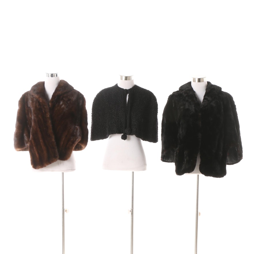 Vintage Mink Fur, Sheared Dyed Black Beaver Fur and Faux Persian Lamb Stoles