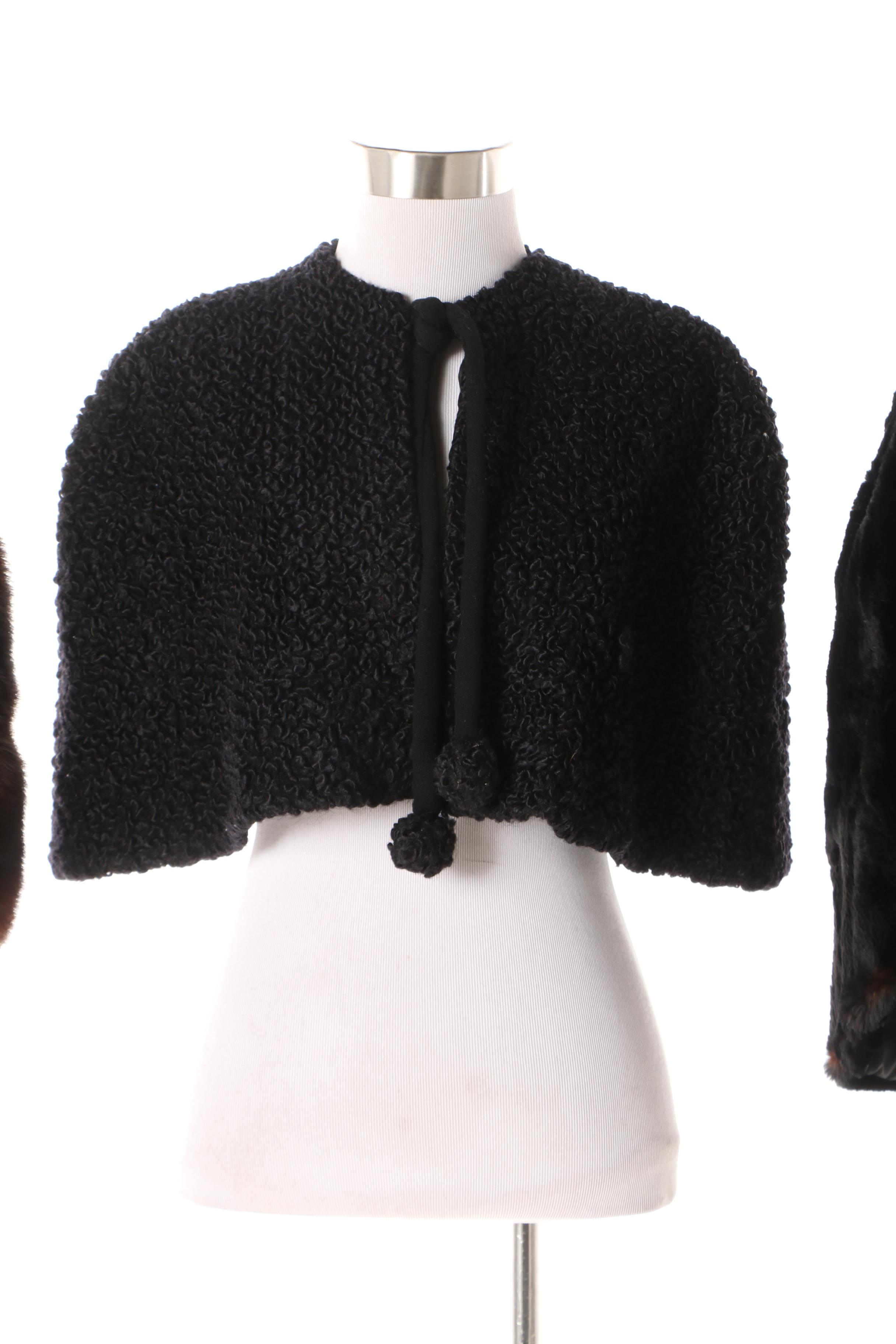 Vintage Mink Fur, Sheared Dyed Black Beaver Fur and Faux Persian Lamb Stoles