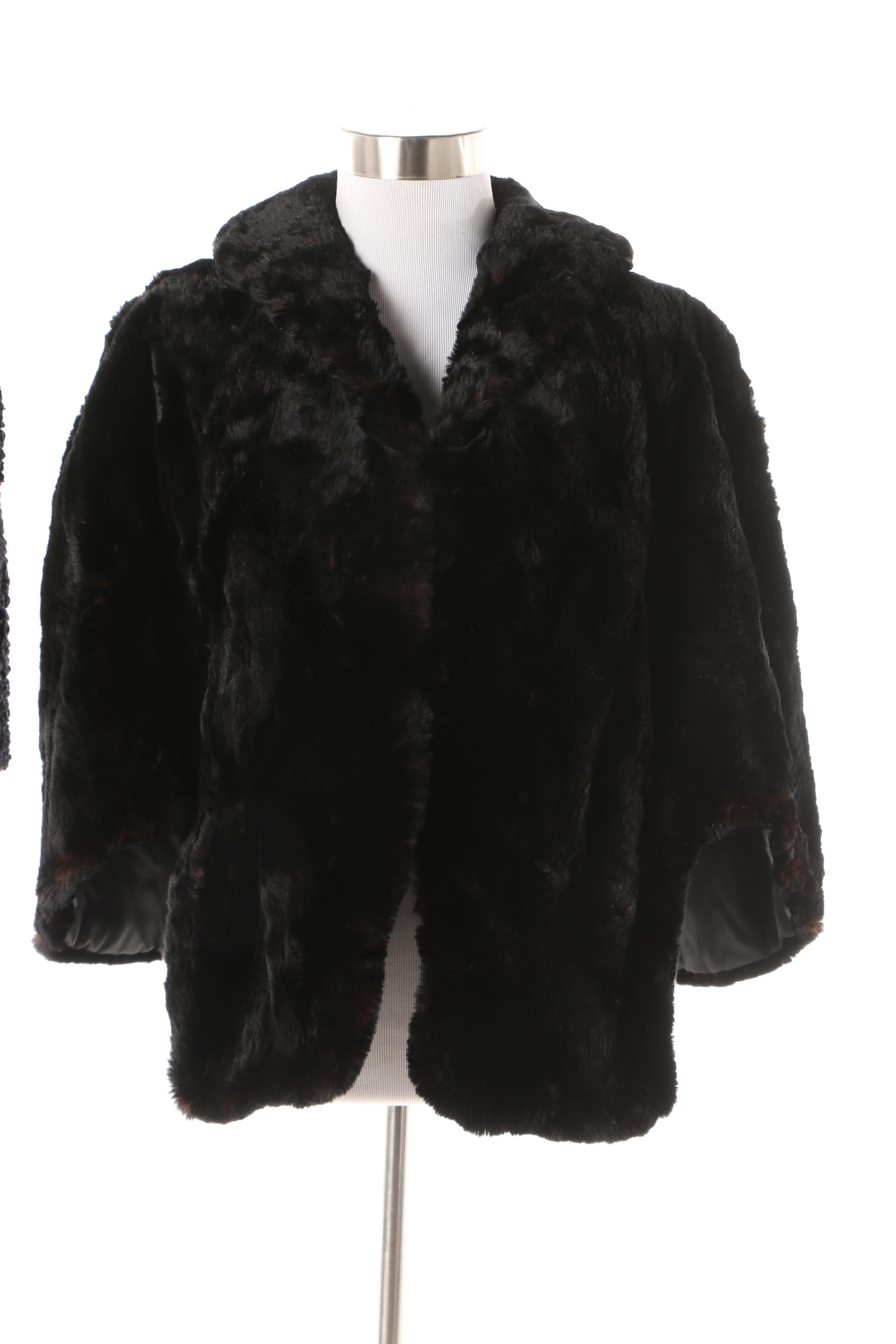 Vintage Mink Fur, Sheared Dyed Black Beaver Fur and Faux Persian Lamb Stoles