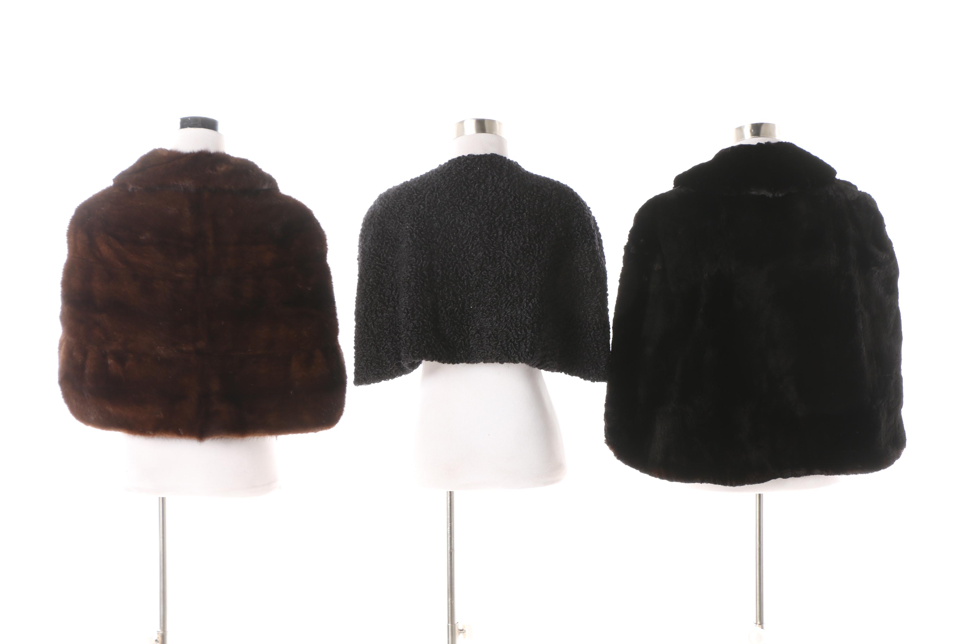 Vintage Mink Fur, Sheared Dyed Black Beaver Fur and Faux Persian Lamb Stoles