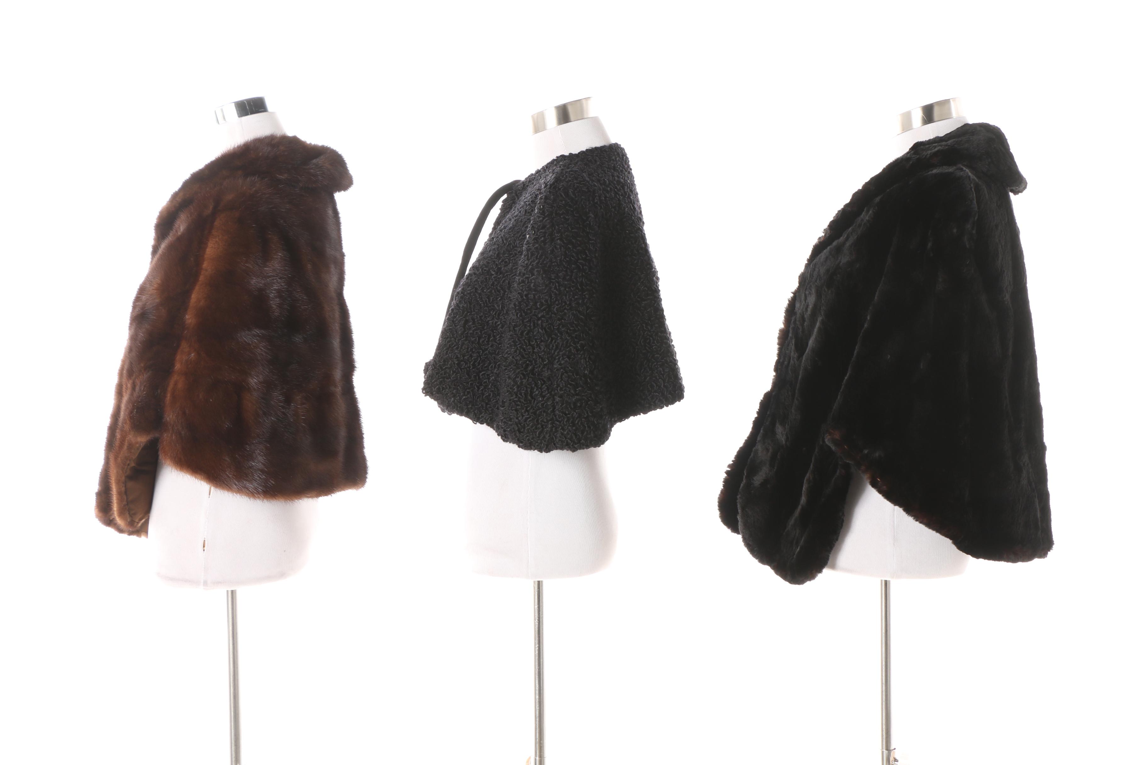 Vintage Mink Fur, Sheared Dyed Black Beaver Fur and Faux Persian Lamb Stoles
