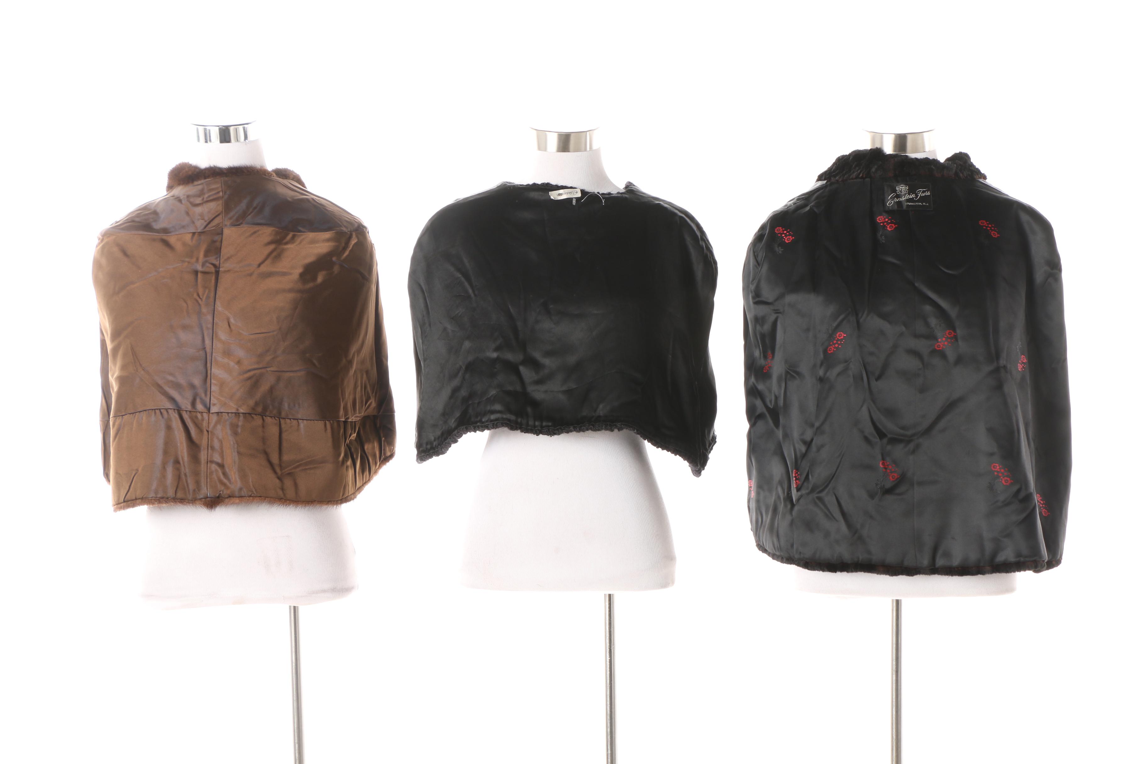 Vintage Mink Fur, Sheared Dyed Black Beaver Fur and Faux Persian Lamb Stoles