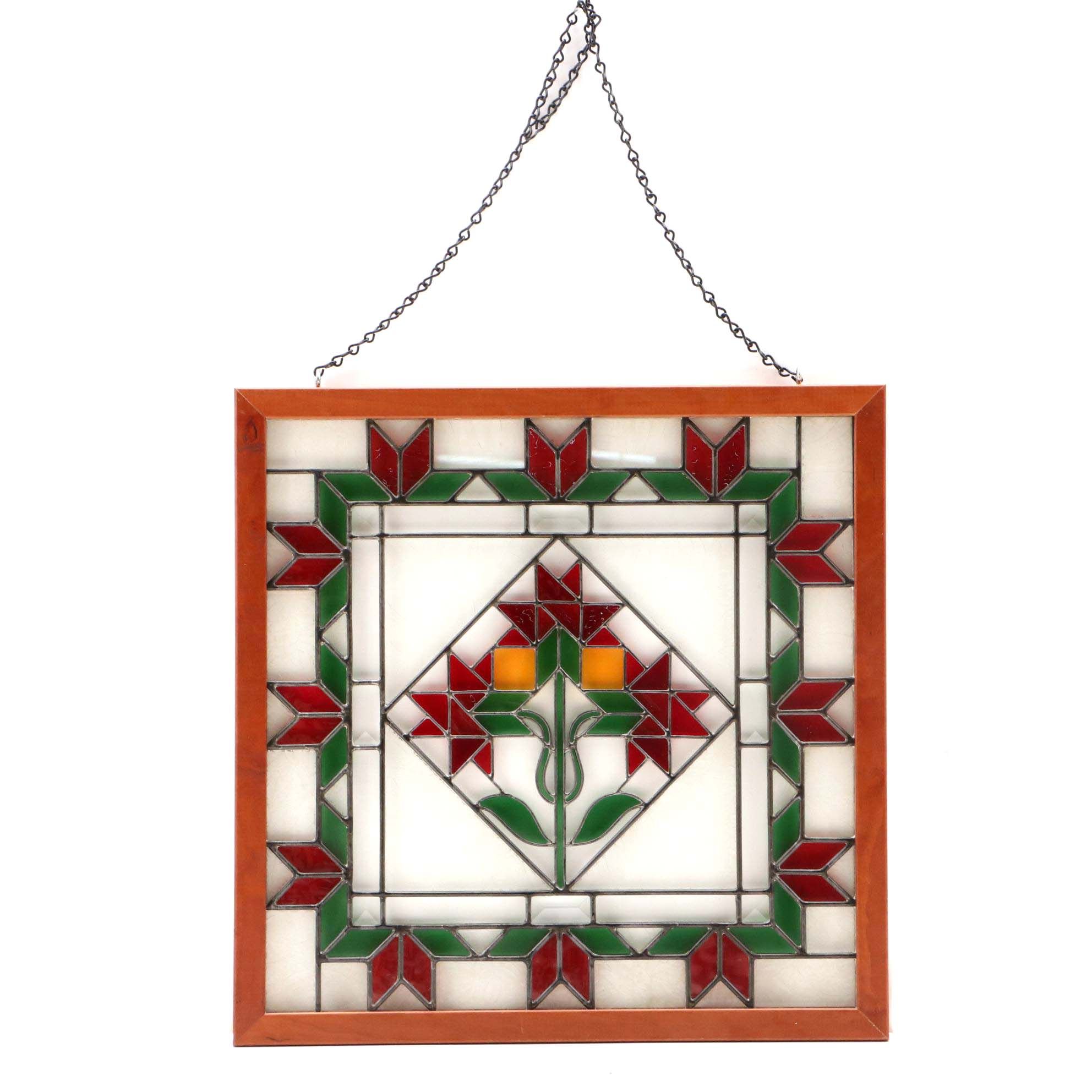 Handmade Stained Glass Hanging Panel in Wood Frame