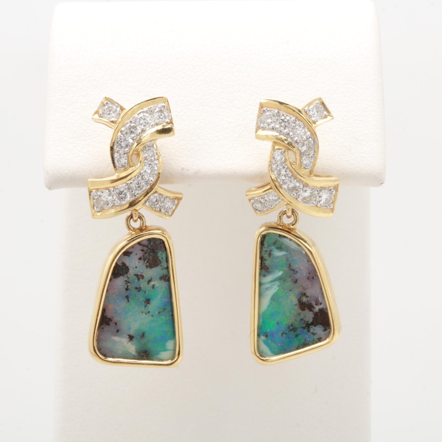 18K Yellow Gold Boulder Opal and Diamond Earrings