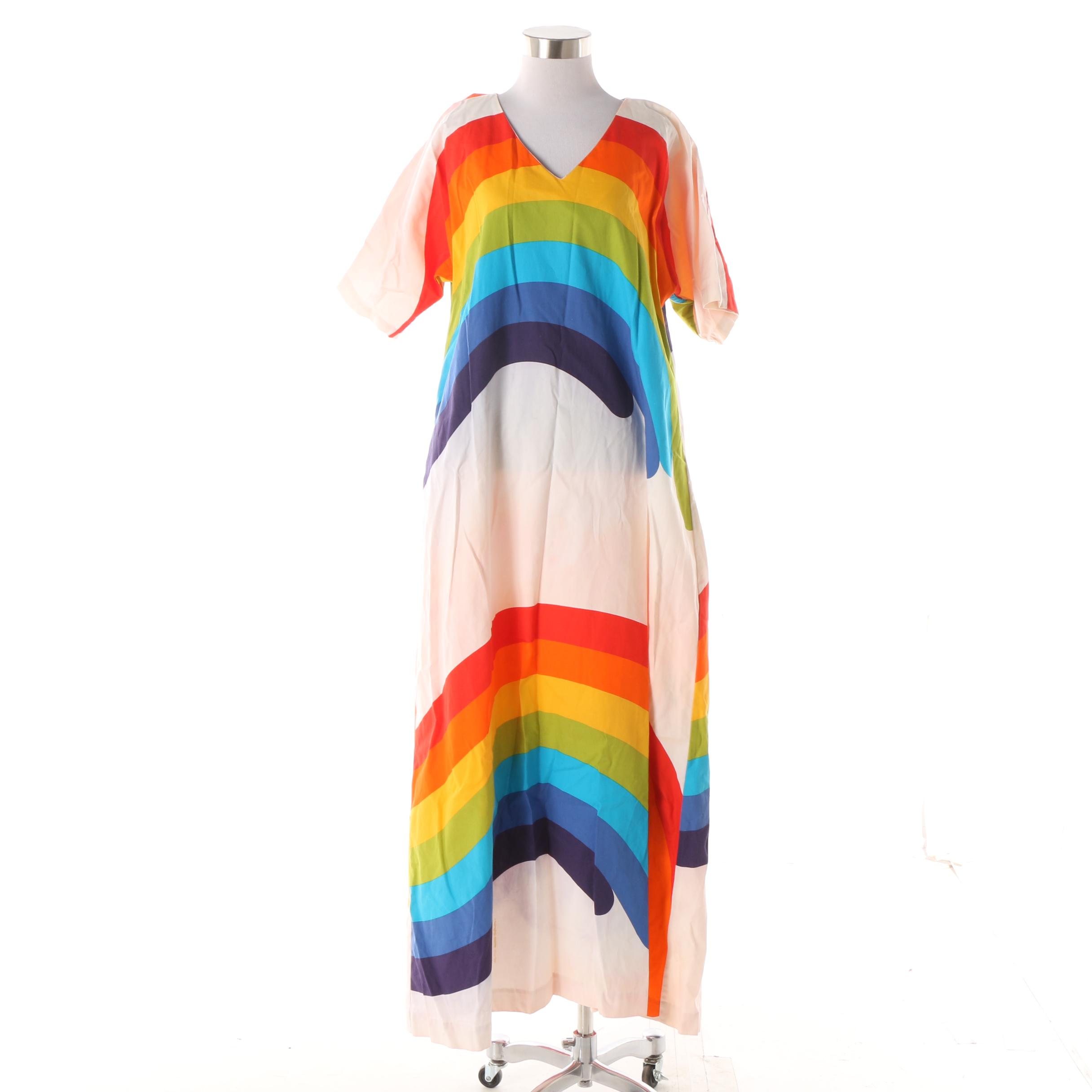 Women's 1970s Vintage Fun Fashions of Honolulu Rainbow Print Cotton Kaftan