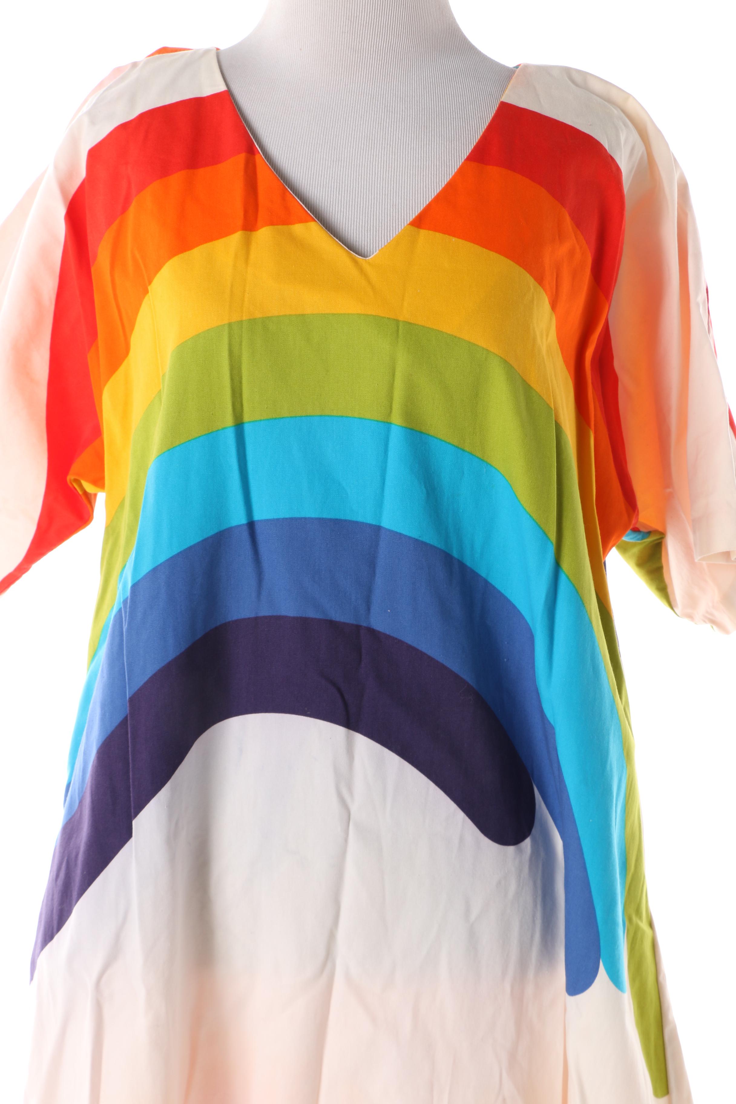 Women's 1970s Vintage Fun Fashions of Honolulu Rainbow Print Cotton Kaftan