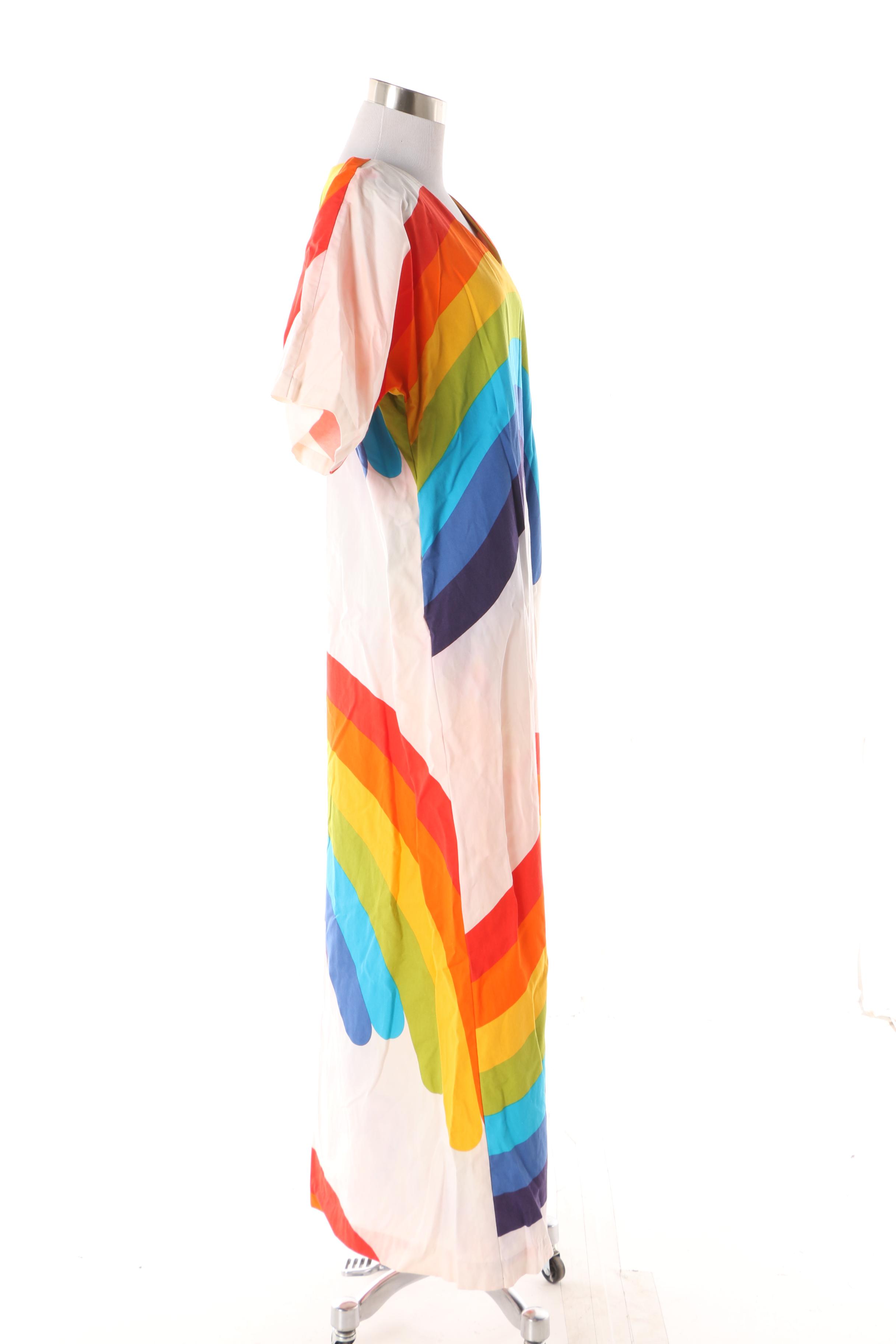 Women's 1970s Vintage Fun Fashions of Honolulu Rainbow Print Cotton Kaftan