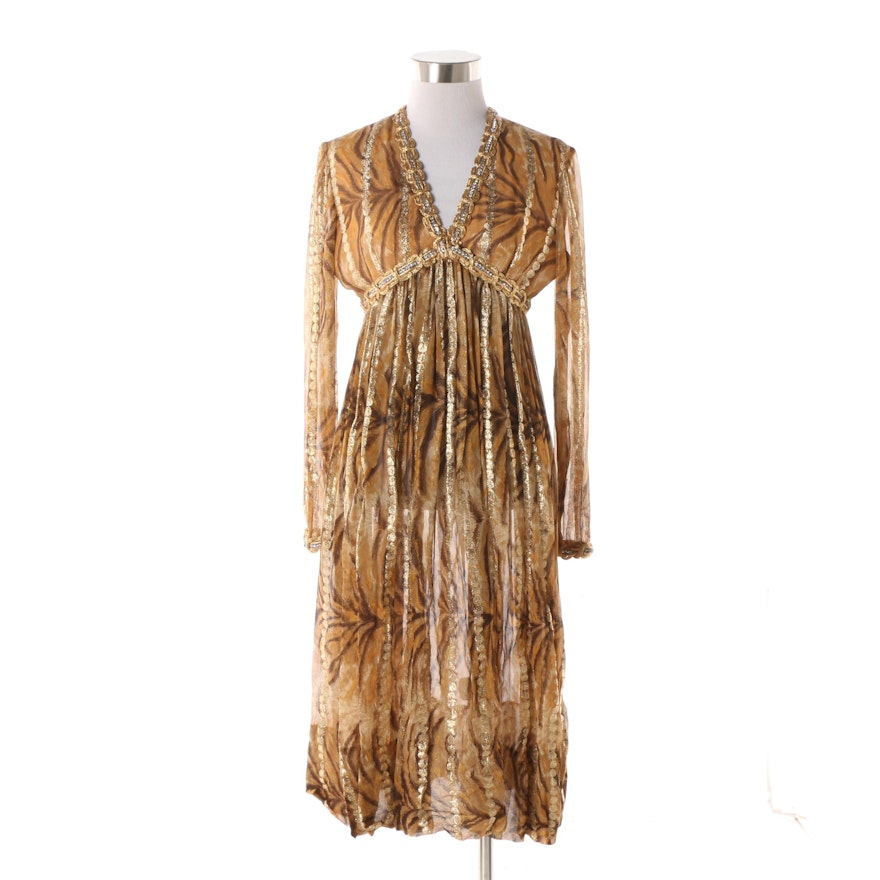 1960s Vintage Bill Blass Gold Tone Animal Print Silk Chiffon V-Cut Dress