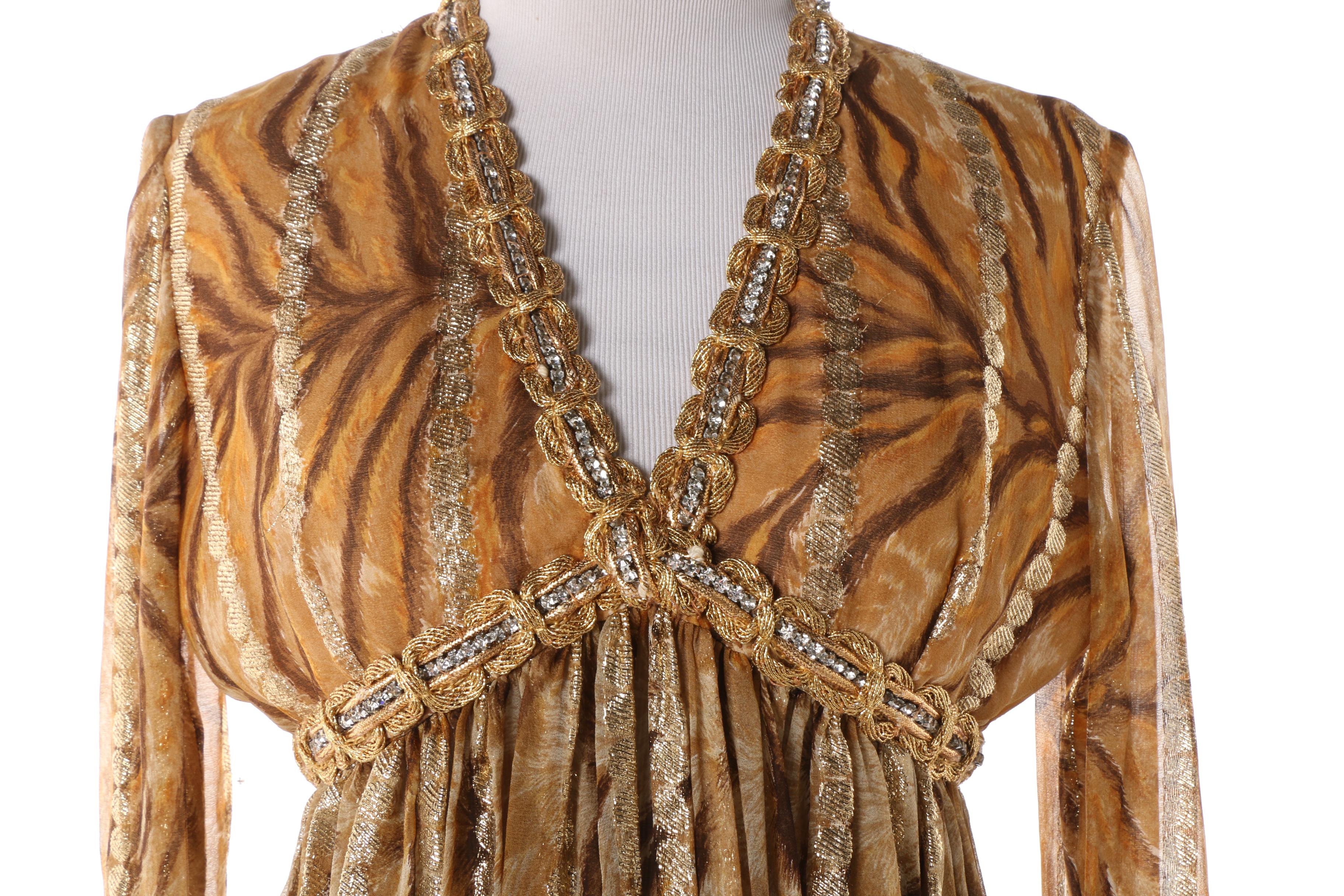 1960s Vintage Bill Blass Gold Tone Animal Print Silk Chiffon V-Cut Dress