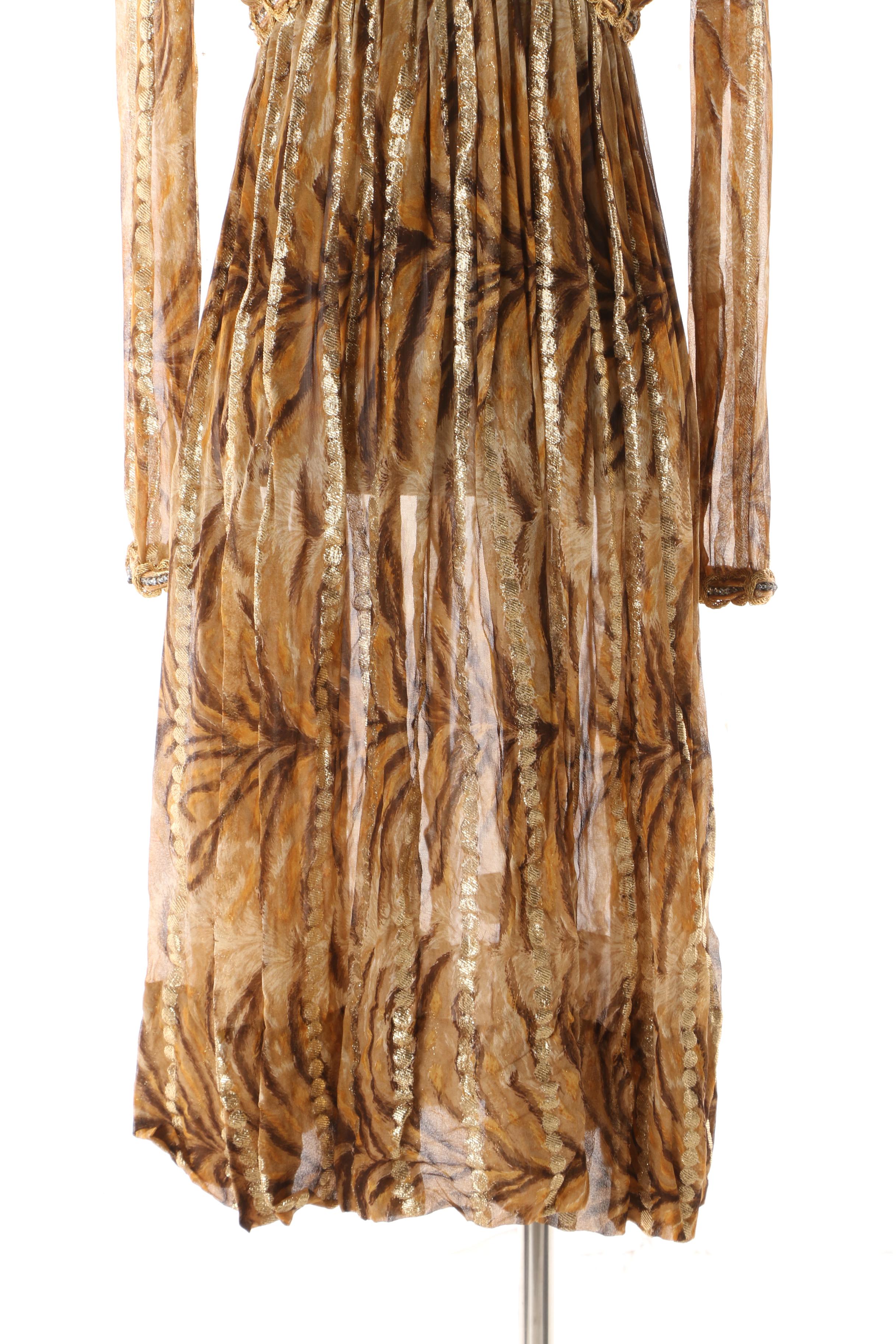 1960s Vintage Bill Blass Gold Tone Animal Print Silk Chiffon V-Cut Dress