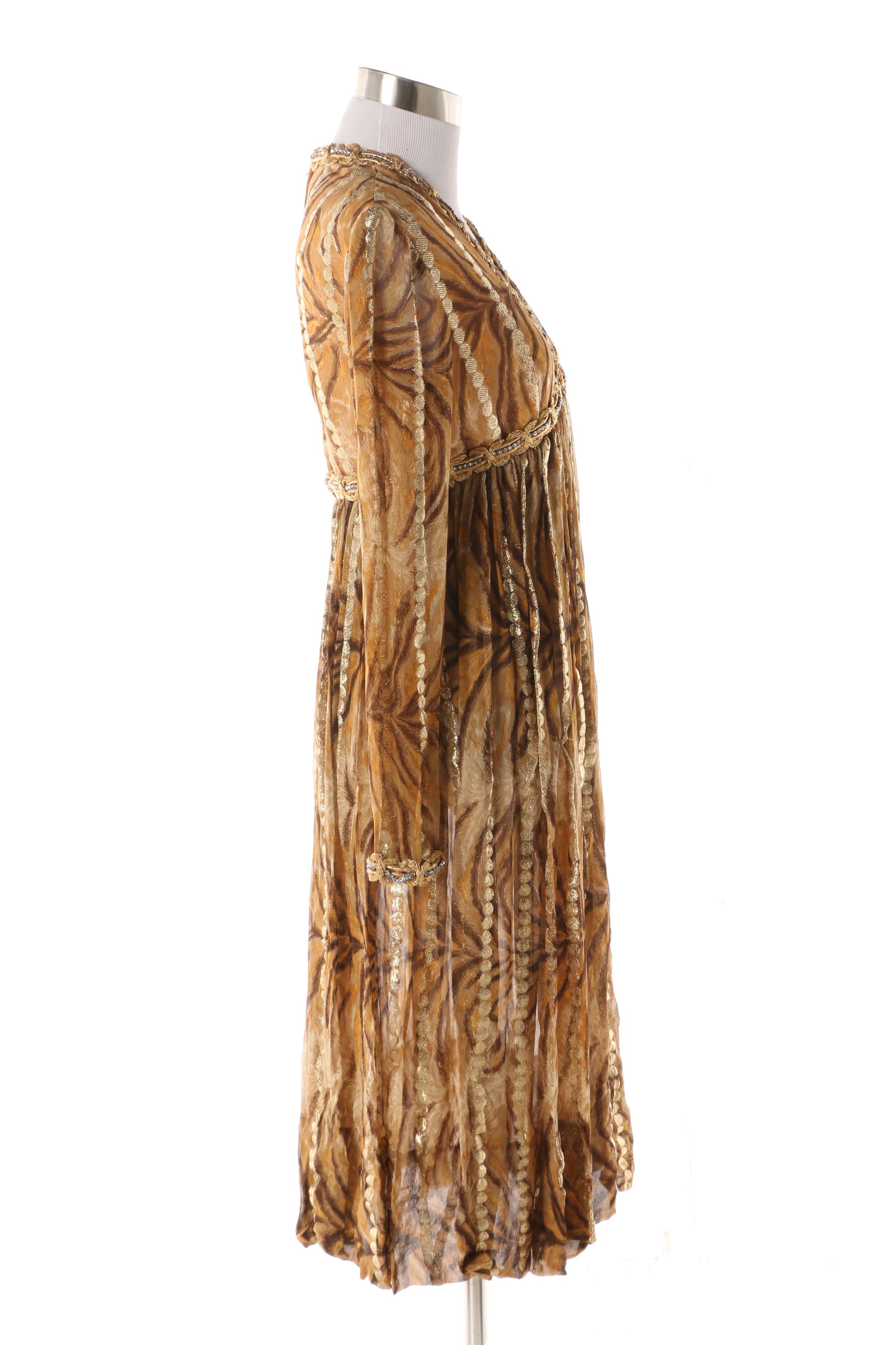 1960s Vintage Bill Blass Gold Tone Animal Print Silk Chiffon V-Cut Dress
