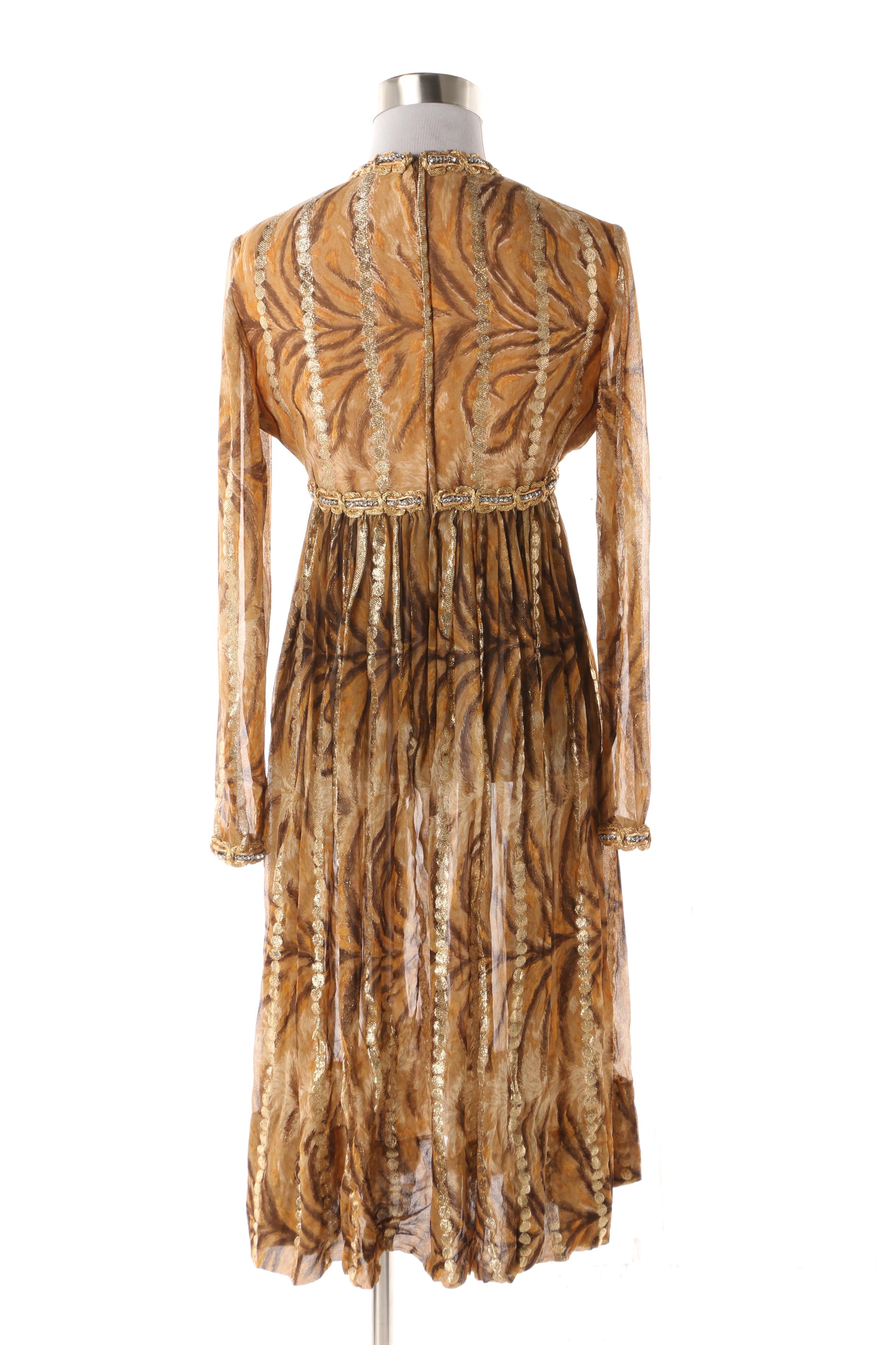 1960s Vintage Bill Blass Gold Tone Animal Print Silk Chiffon V-Cut Dress